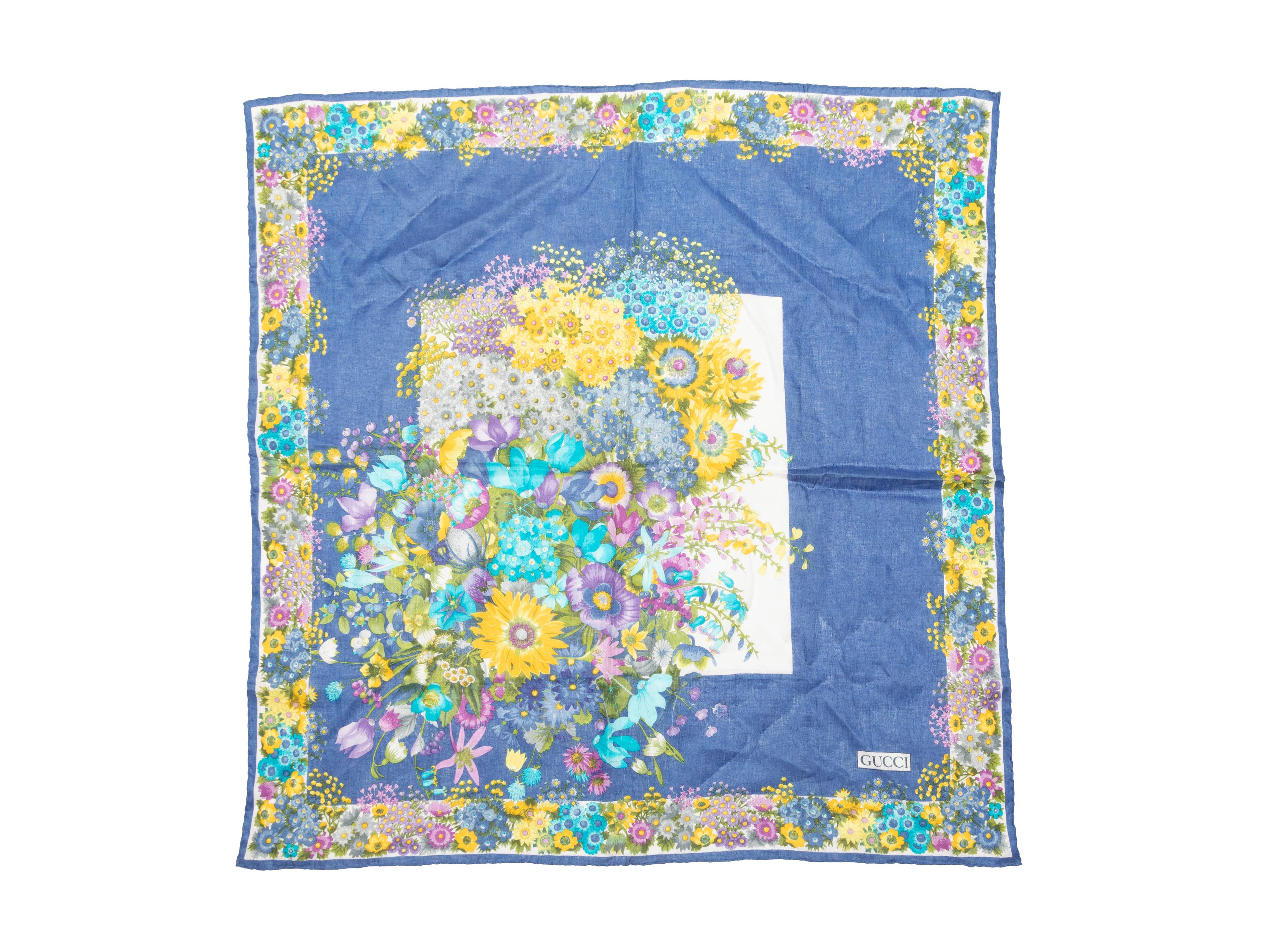 Blue & Multicolor Gucci Floral Print Linen Scarf In Excellent Condition In New York, NY
