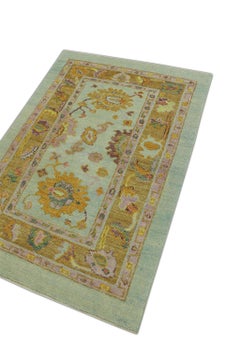 Tapis turc Oushak bleu multicolore tissé à la main 3' x 4'2"