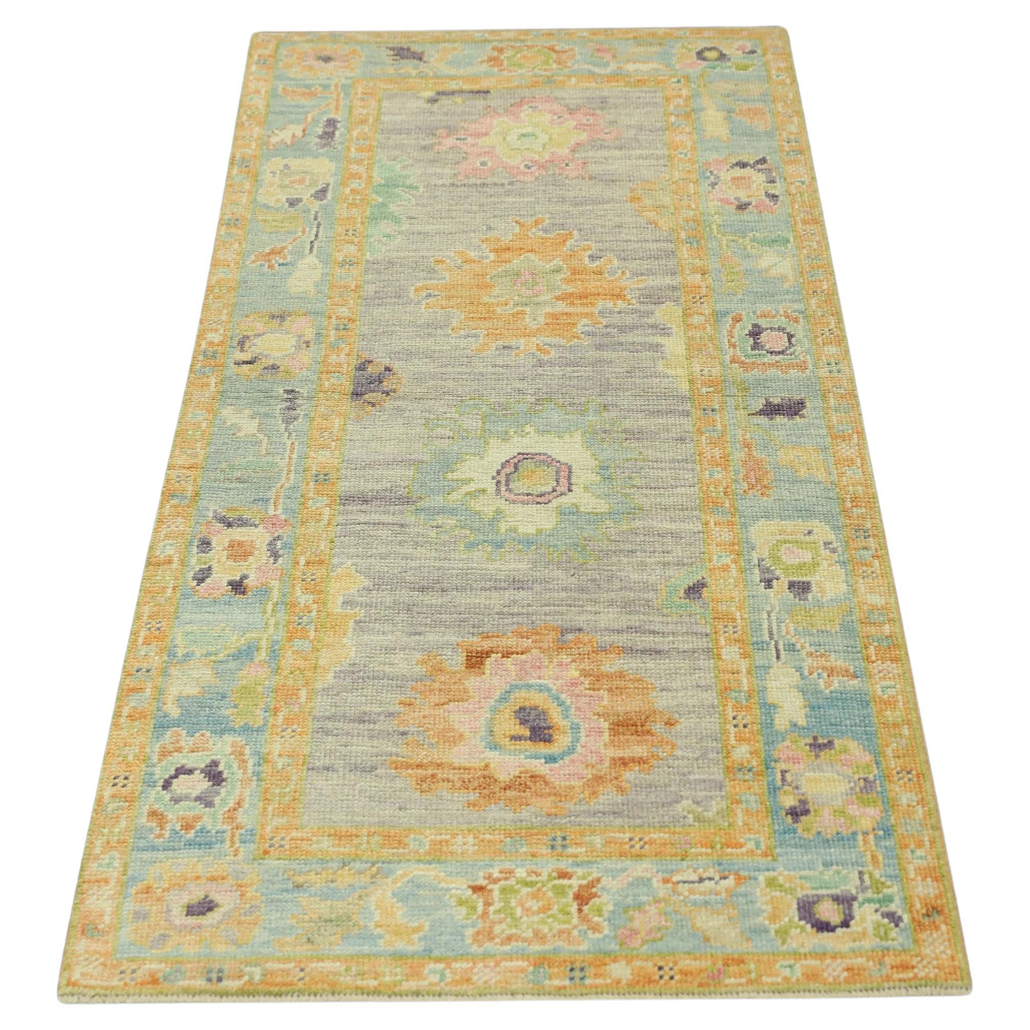 Blue Multicolor Handwoven Wool Turkish Oushak Rug 3' x 6'6" For Sale