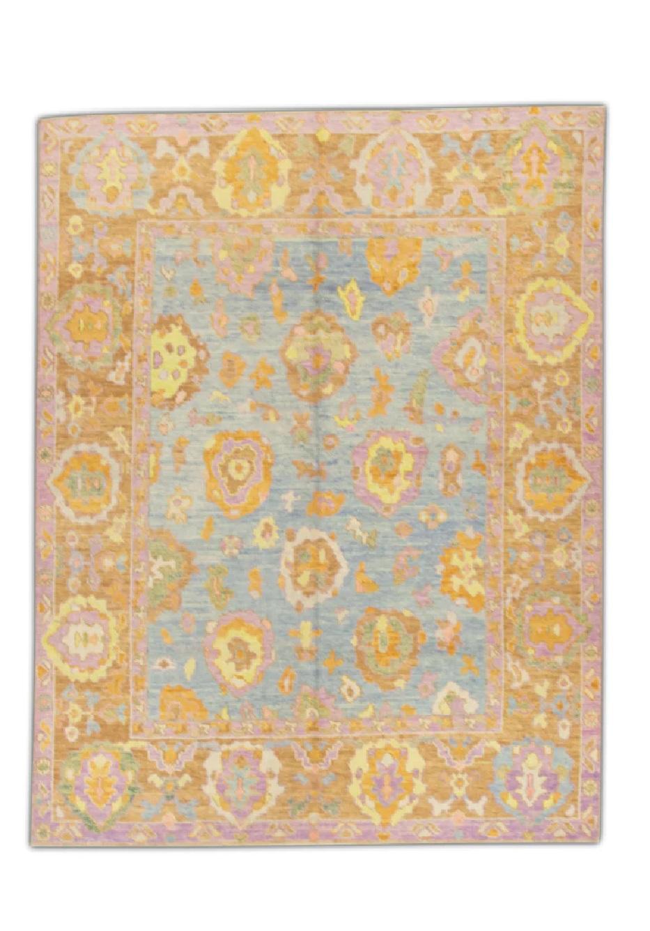 Contemporary Blue Multicolor Handwoven Wool Turkish Oushak Rug 6'9