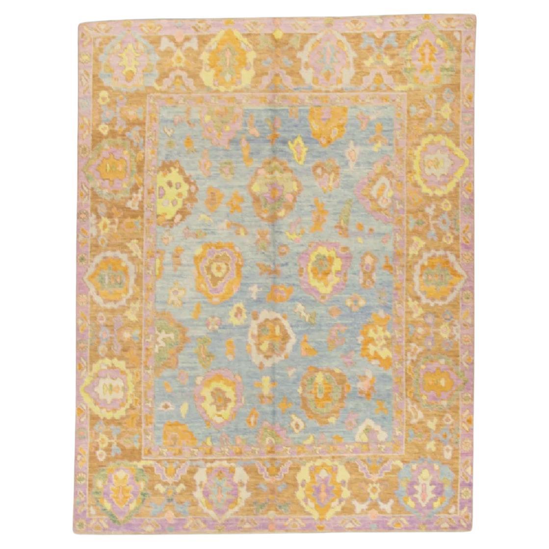 Blue Multicolor Handwoven Wool Turkish Oushak Rug 6'9" x 8'4" For Sale