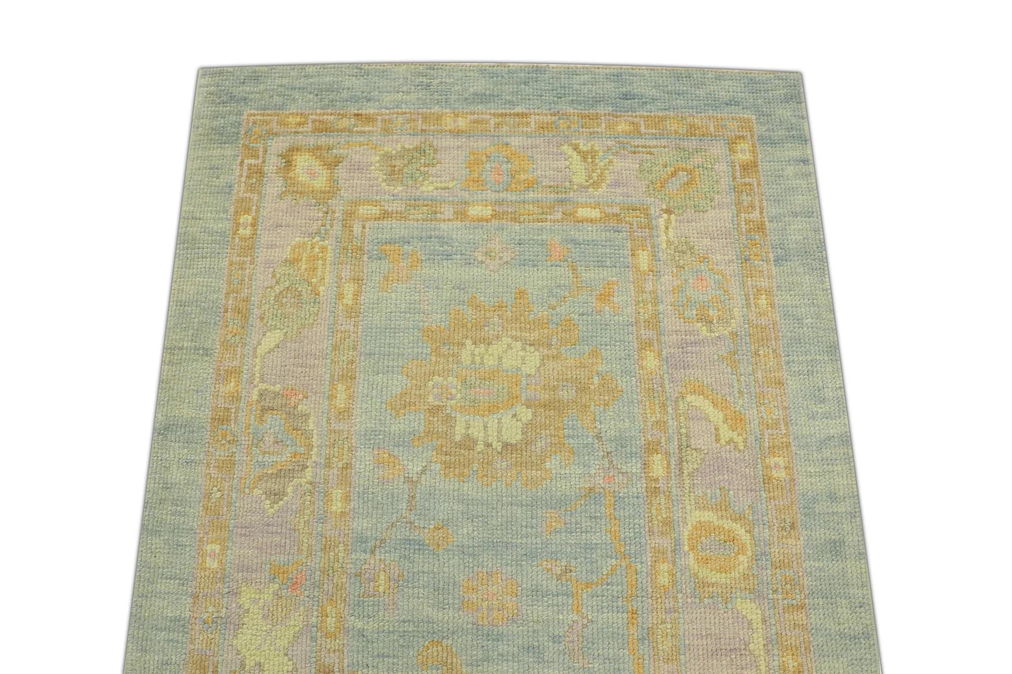 Moderno Blu Multicolore Tessuto a mano in lana turca Oushak Runner 2'11