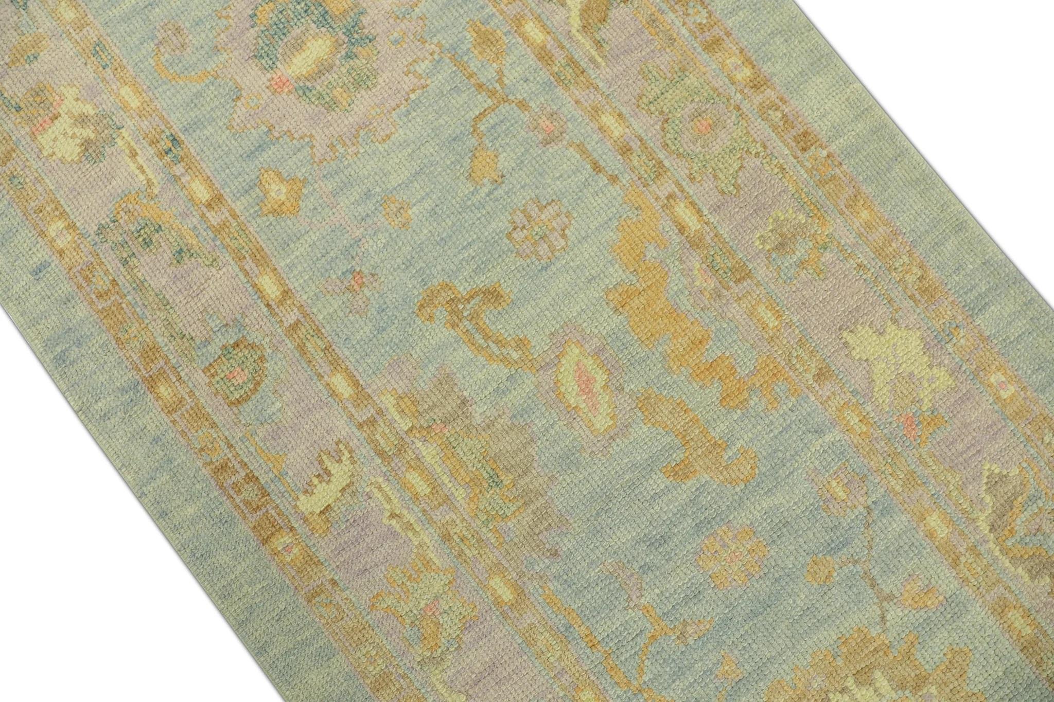 Turco Blu Multicolore Tessuto a mano in lana turca Oushak Runner 2'11