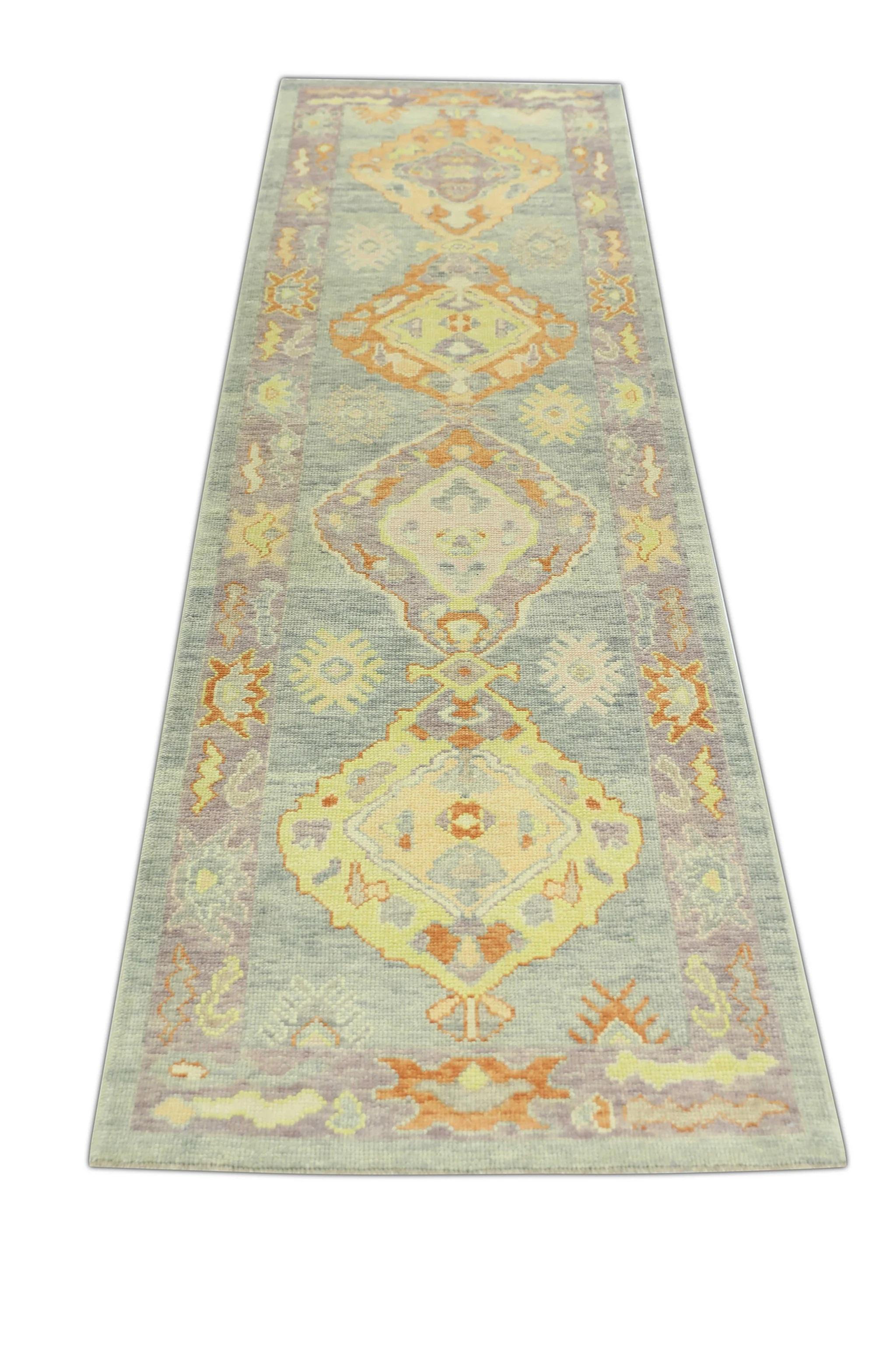 Tintura vegetale Blu Multicolore Tessuto a mano in lana turca Oushak Runner 3' x 10'3