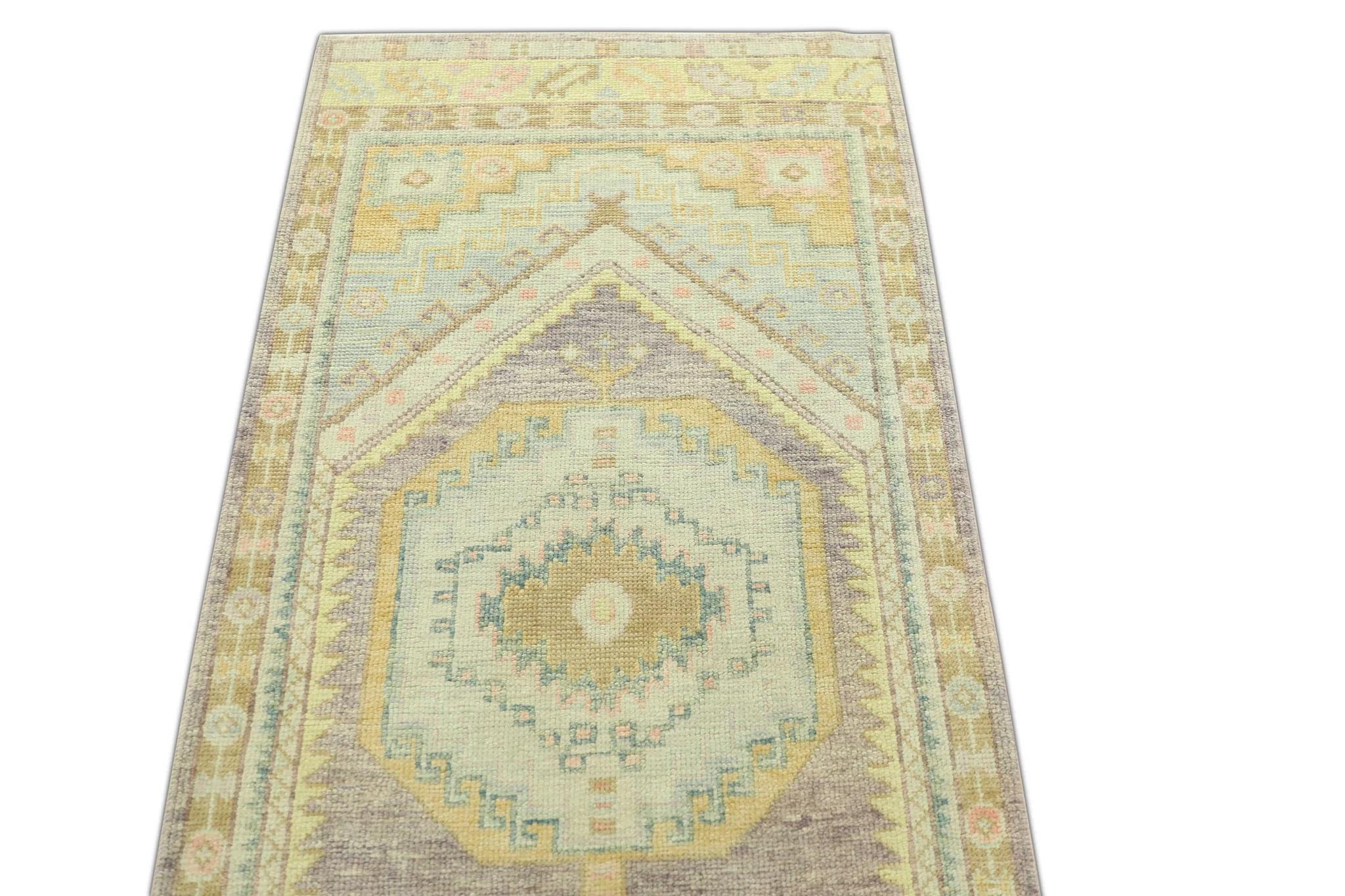 Moderno Blu Multicolore Tessuto a mano in lana turca Oushak Runner 3'1