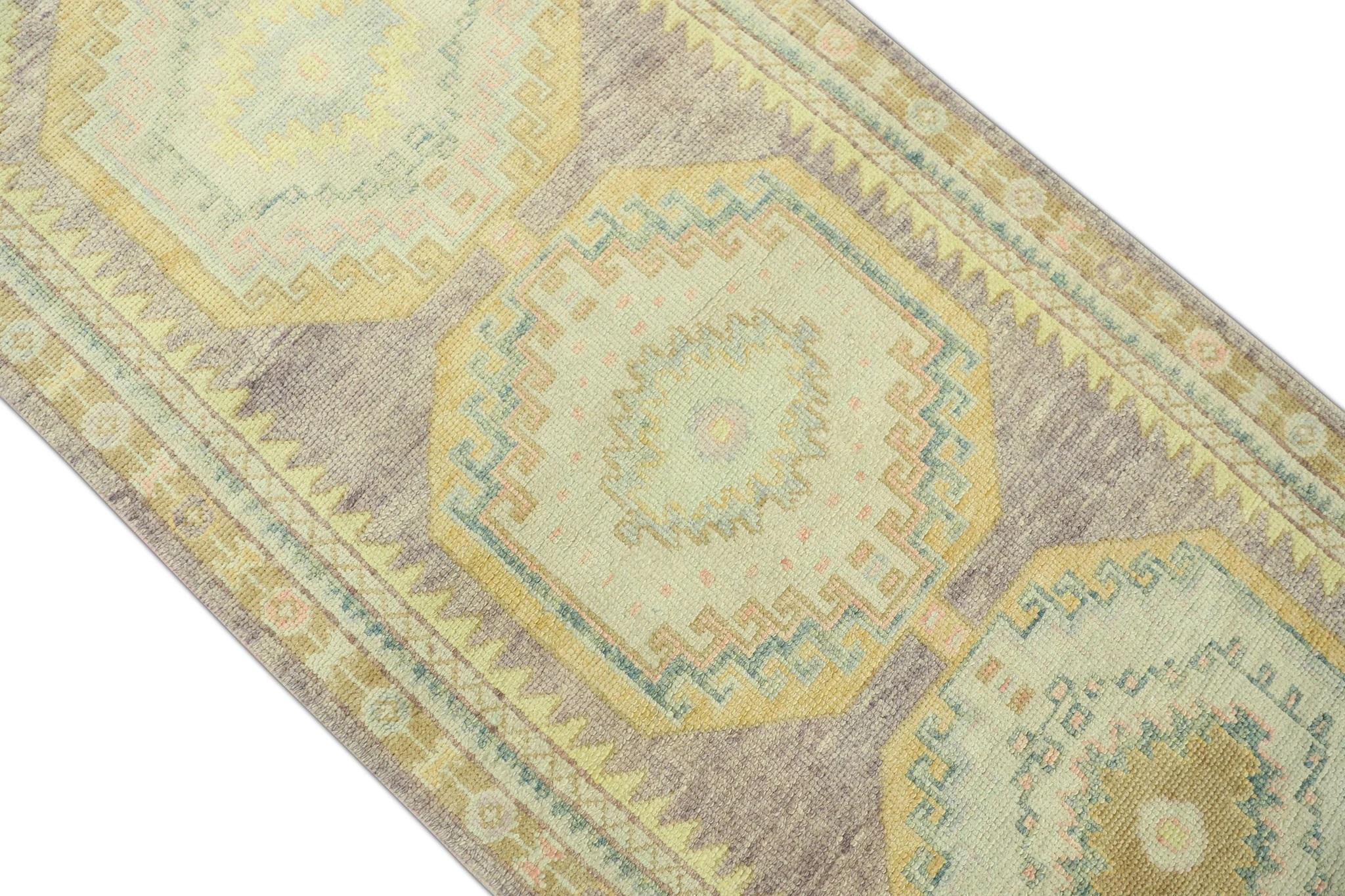 Turco Blu Multicolore Tessuto a mano in lana turca Oushak Runner 3'1