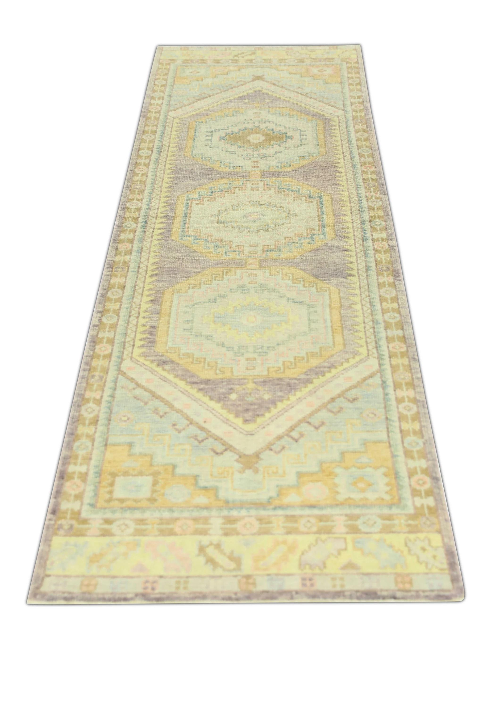 Tintura vegetale Blu Multicolore Tessuto a mano in lana turca Oushak Runner 3'1