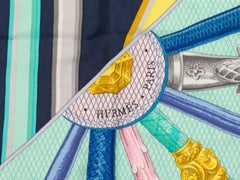 Blue & Multicolor Hermes Les Cannes Motif Printed Silk Scarf