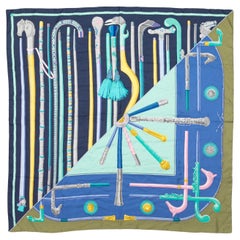 Blue & Multicolor Hermes Les Cannes Motif Printed Silk Scarf
