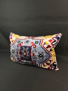 Blue Multicolor Velvet Silk Ikat Pillow Cover