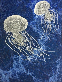 Blue Mural Marble and Glass Mosaic with Jelly Fishes Design