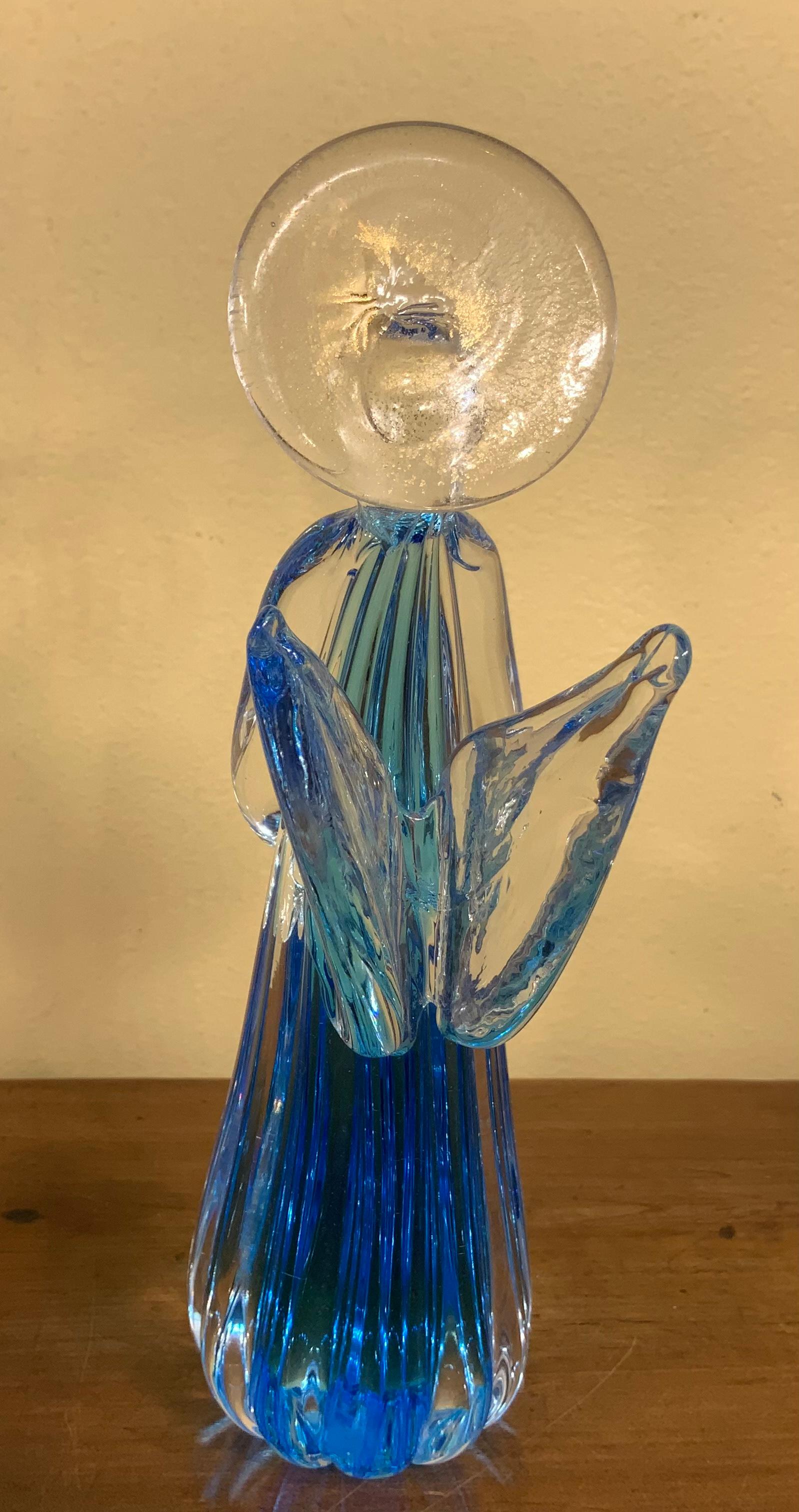 Blue Murano Angel Figurine Italian Art Glass Sculpture In Good Condition In Delray Beach, FL