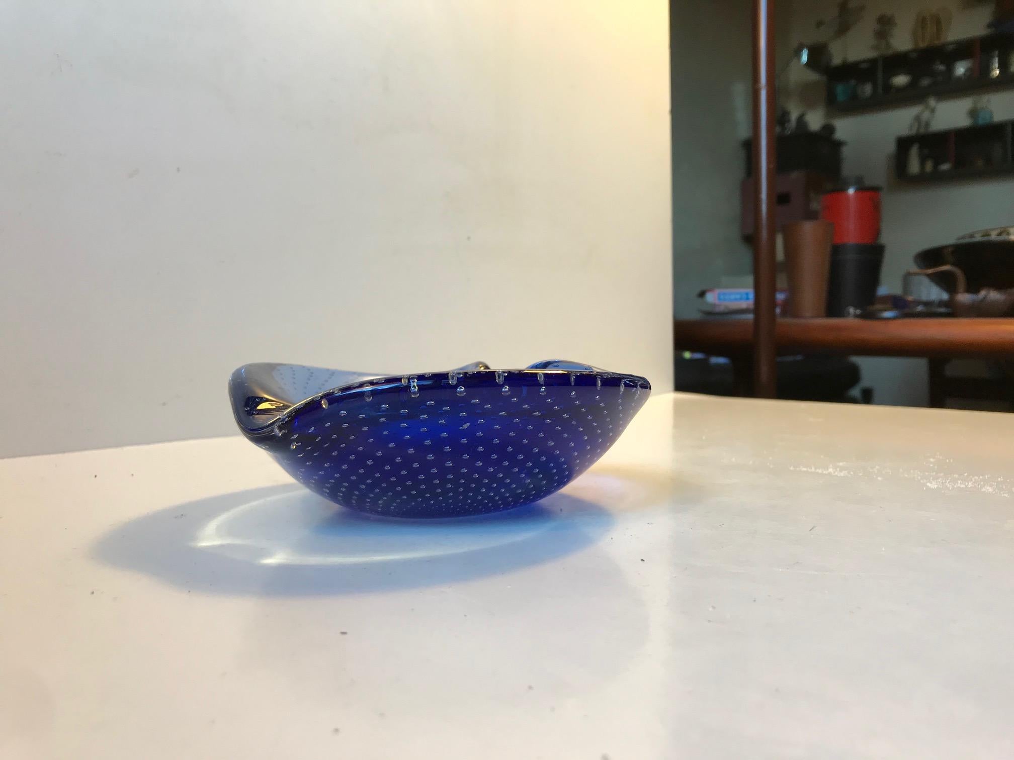 Blown Glass Blue Murano Ashtray with Air Bubbles from Seguso, 1950s