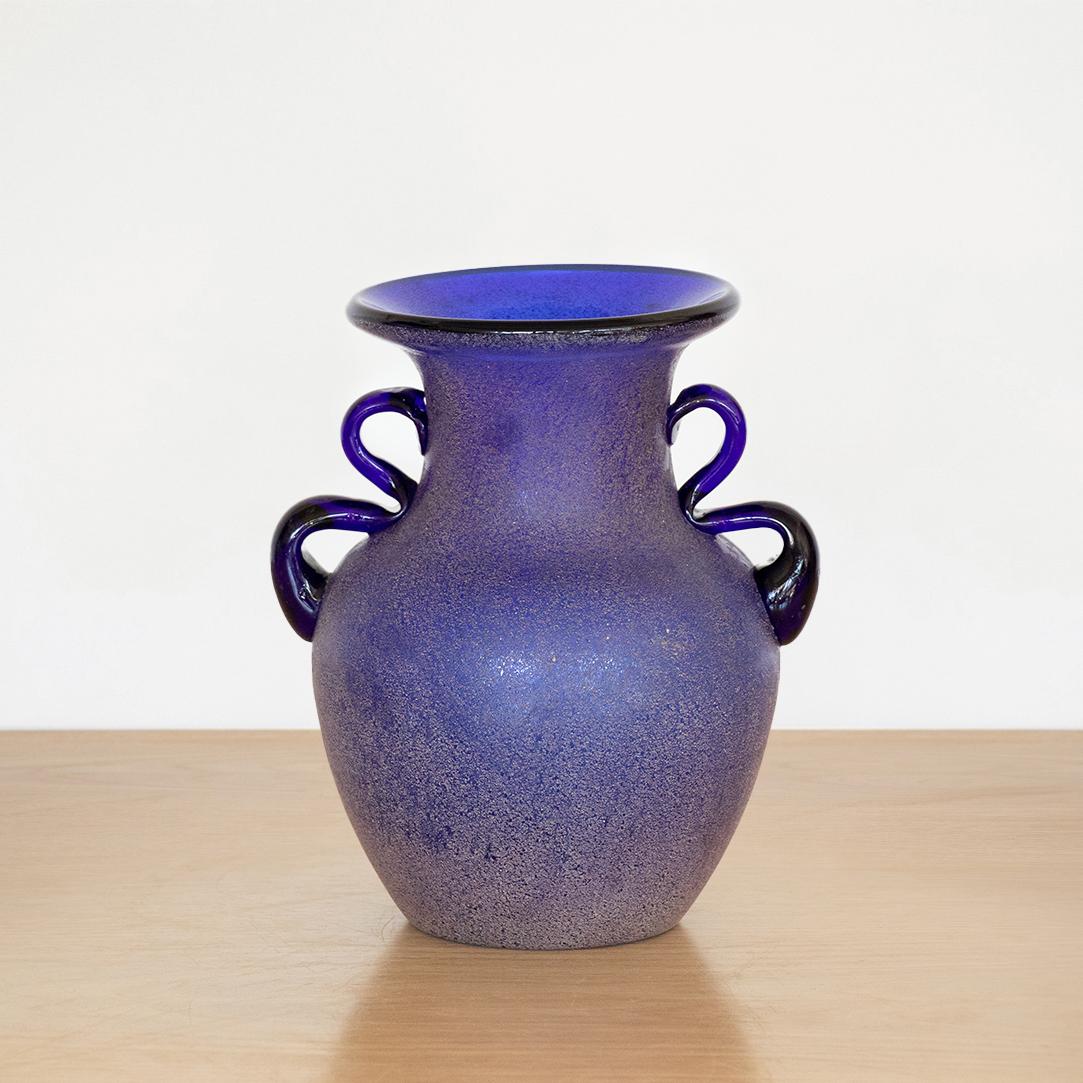 Beautiful vintage Italian Scavo vase made of frosted blue glass. Amphora shape with contrasting dark blue squiggle handles.