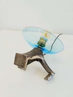 Pair of blue Murano glass table lamp and silvered cast iron base, Italy, 1970's