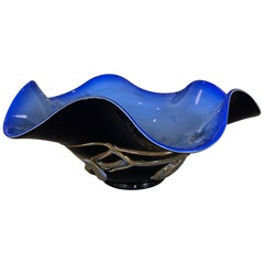Vintage Blue Murano Glass Bowl with Multicoloured Raised Swirl