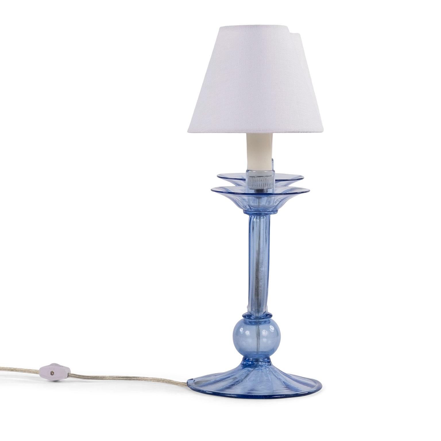 Blue Murano glass candelabra newly wired as table lamp. For use within the USA using UL listed parts. Includes shades (measurements include shades).