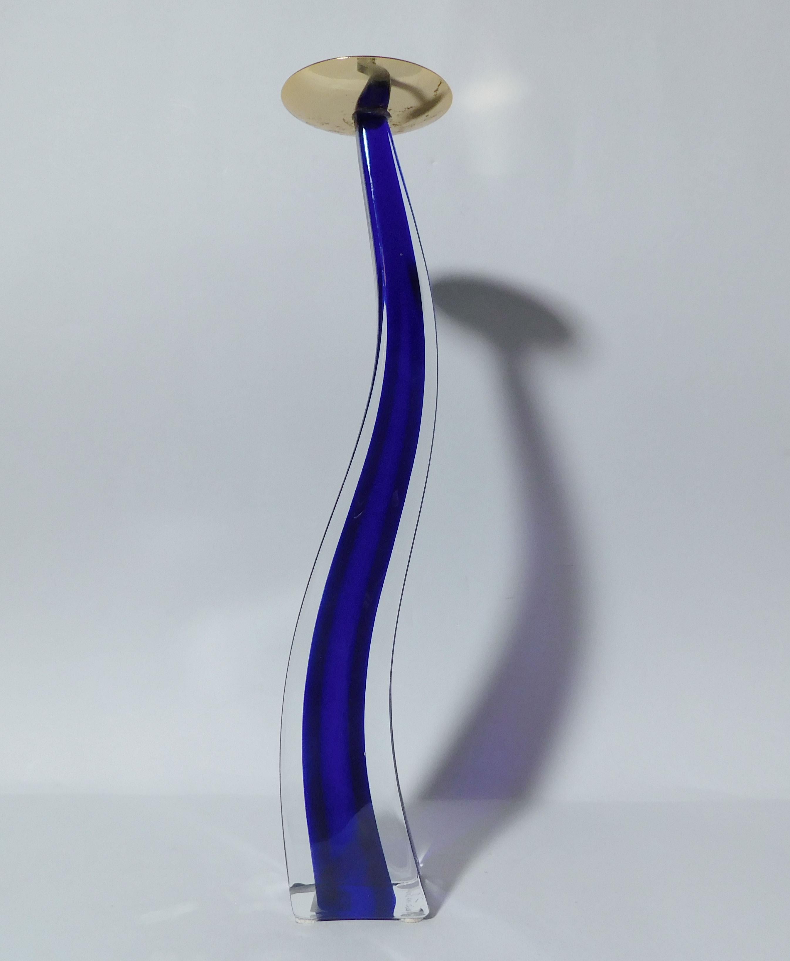 Mid-Century moderno Blue Murano Glass Candlestick by Maurizio Toso in vendita