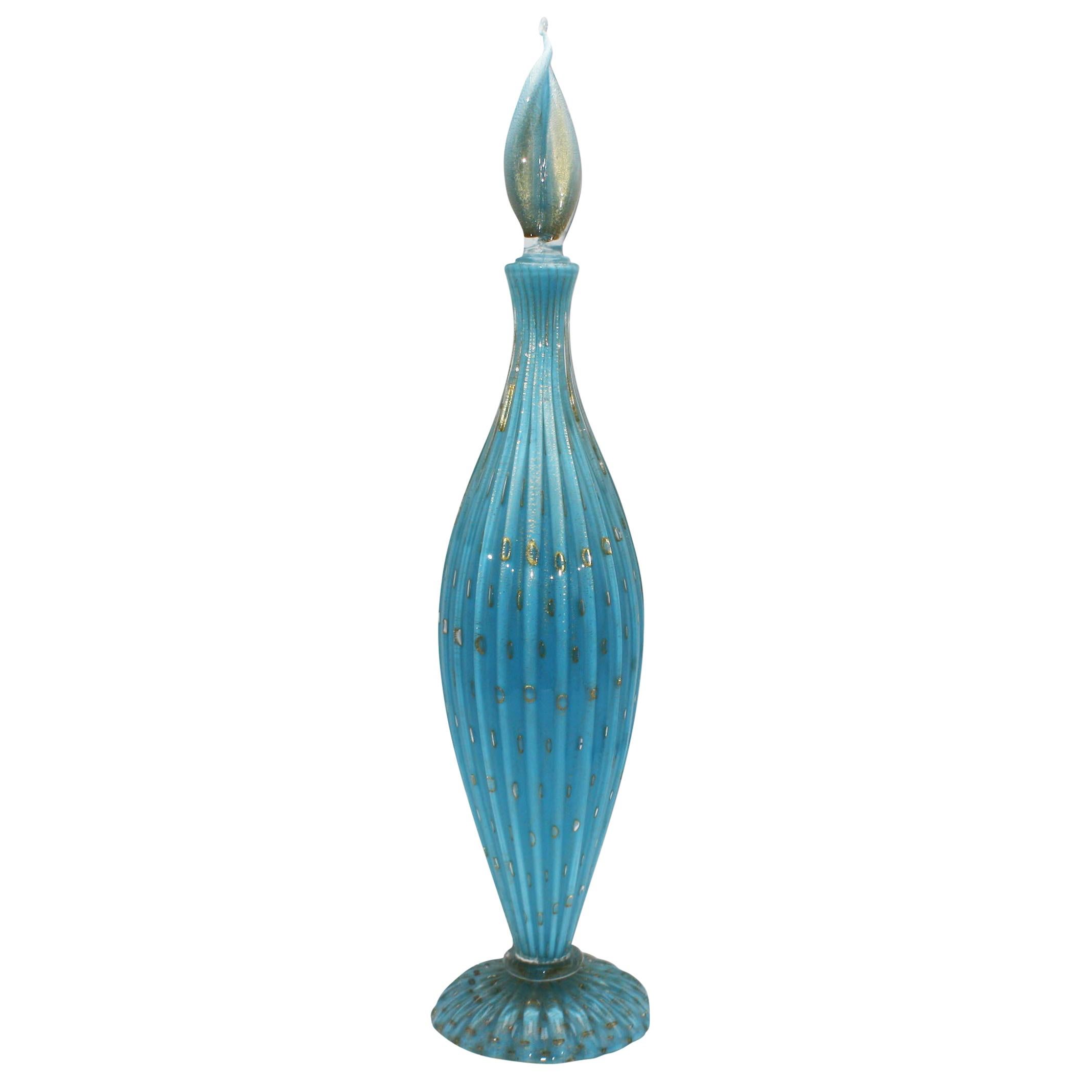 Blue Murano Glass Decanter with Gold Inclusions, circa 1950