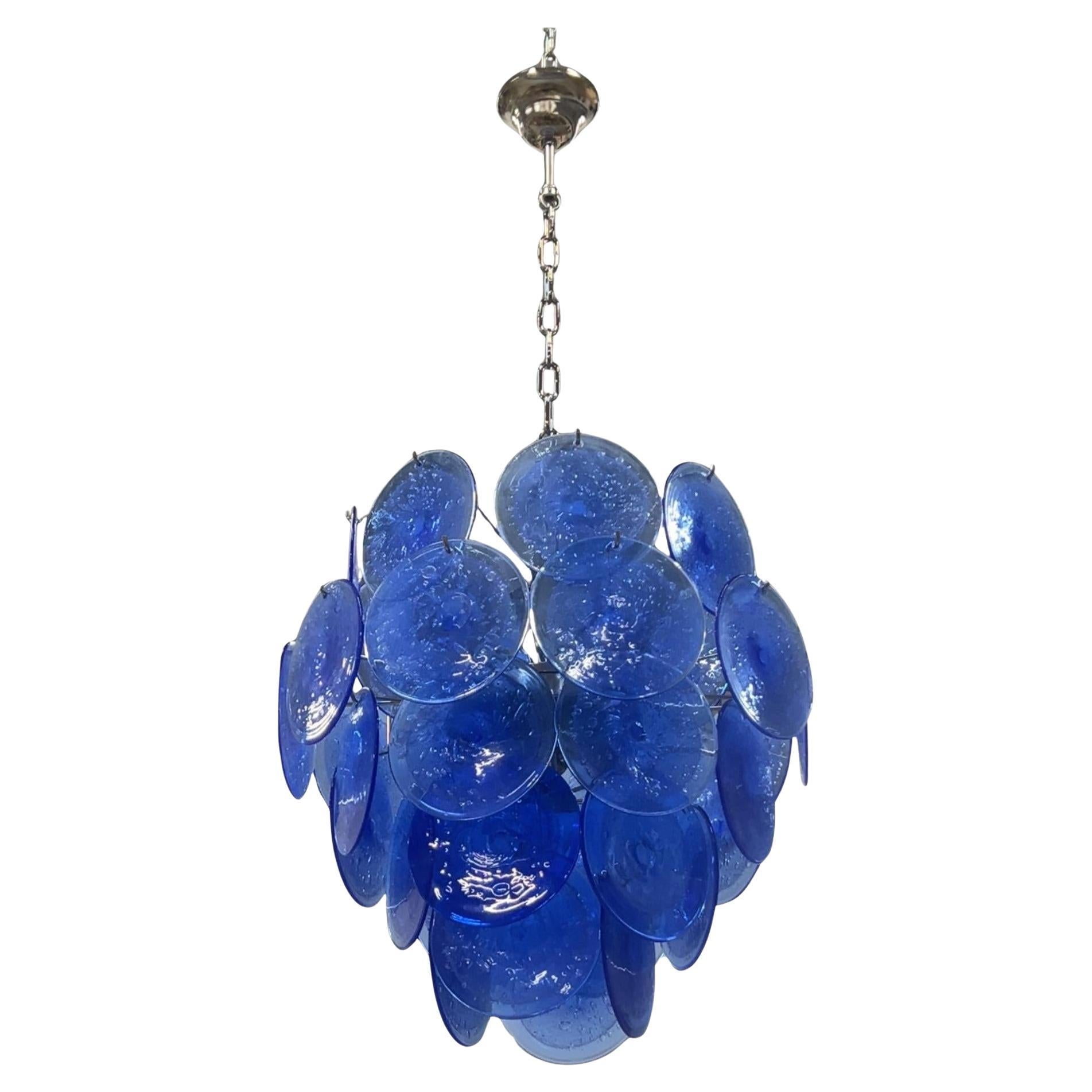Lustre à disque en verre bleu de Murano par Vistosi