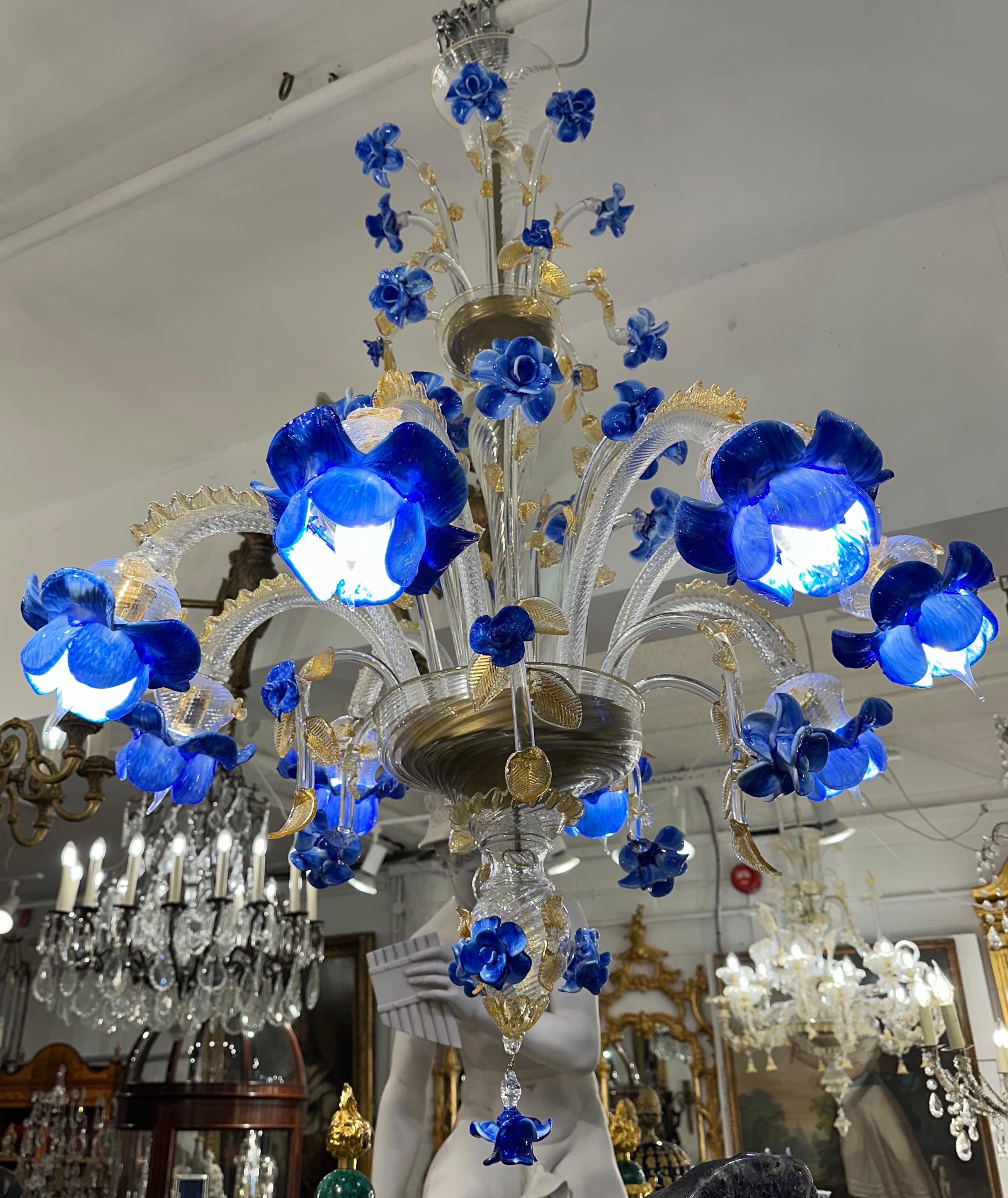 Italian Blue Murano Glass Floreale Design Chandelier For Sale