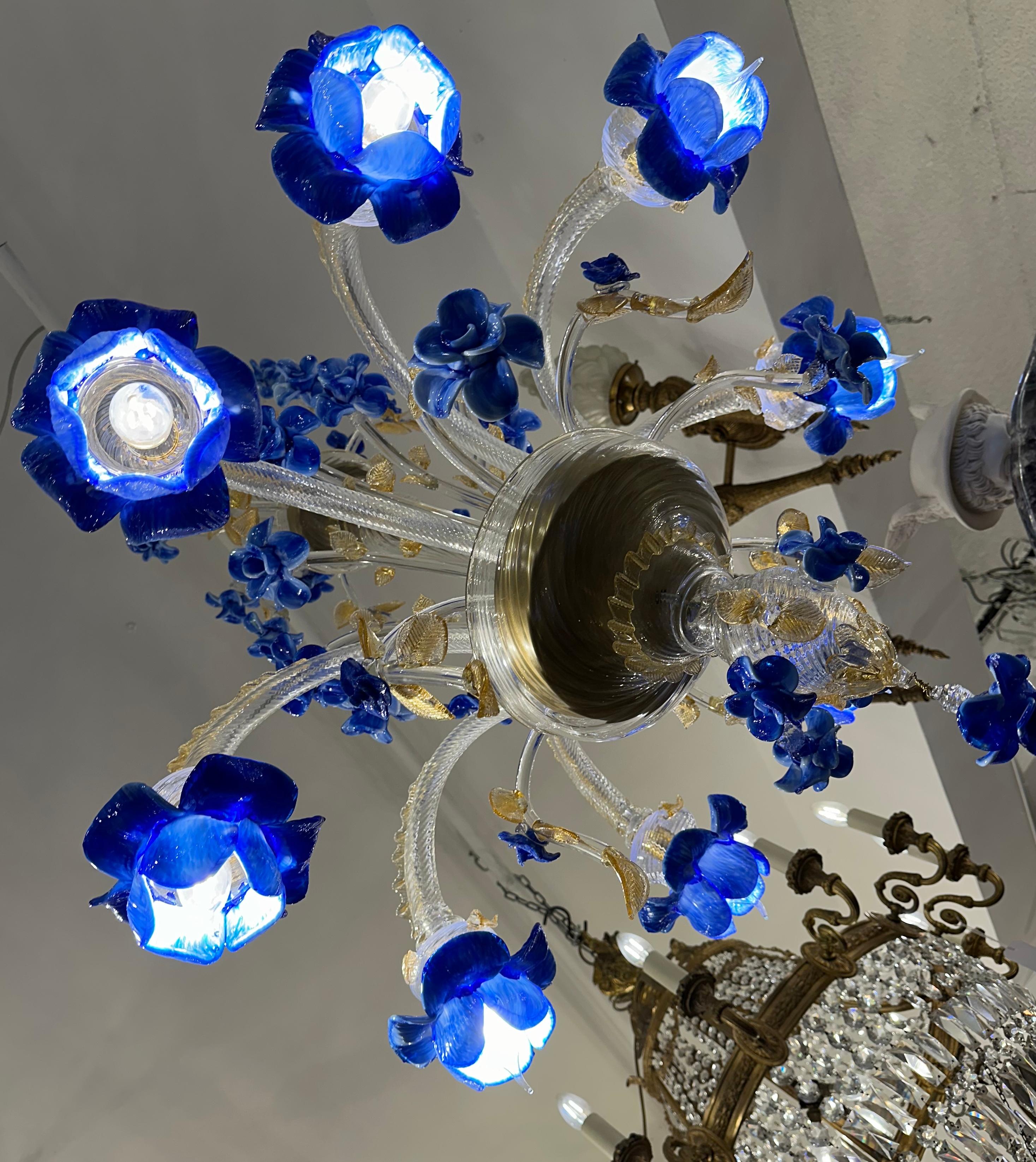 Hand-Crafted Blue Murano Glass Floreale Design Chandelier For Sale