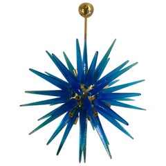 Blue Murano Glass Italian Chandelier with 20 Bulbs Brass Structure, 1980s
