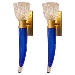 Coppia di lampade italiane in vetro di Murano blu