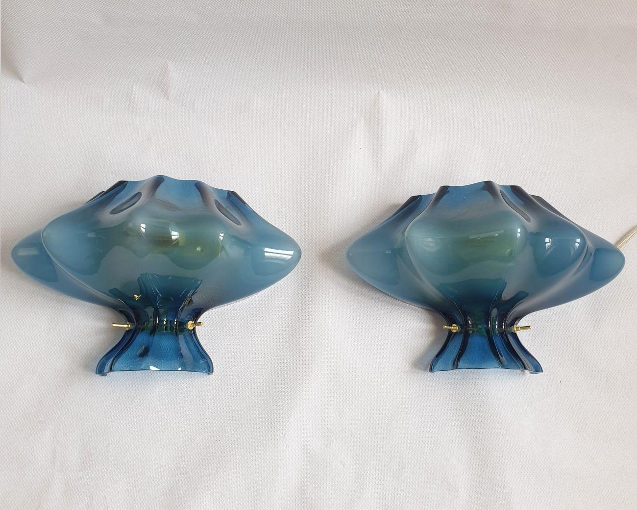 Italian Blue Murano Glass Mid-Century Modern Sconces, a Pair