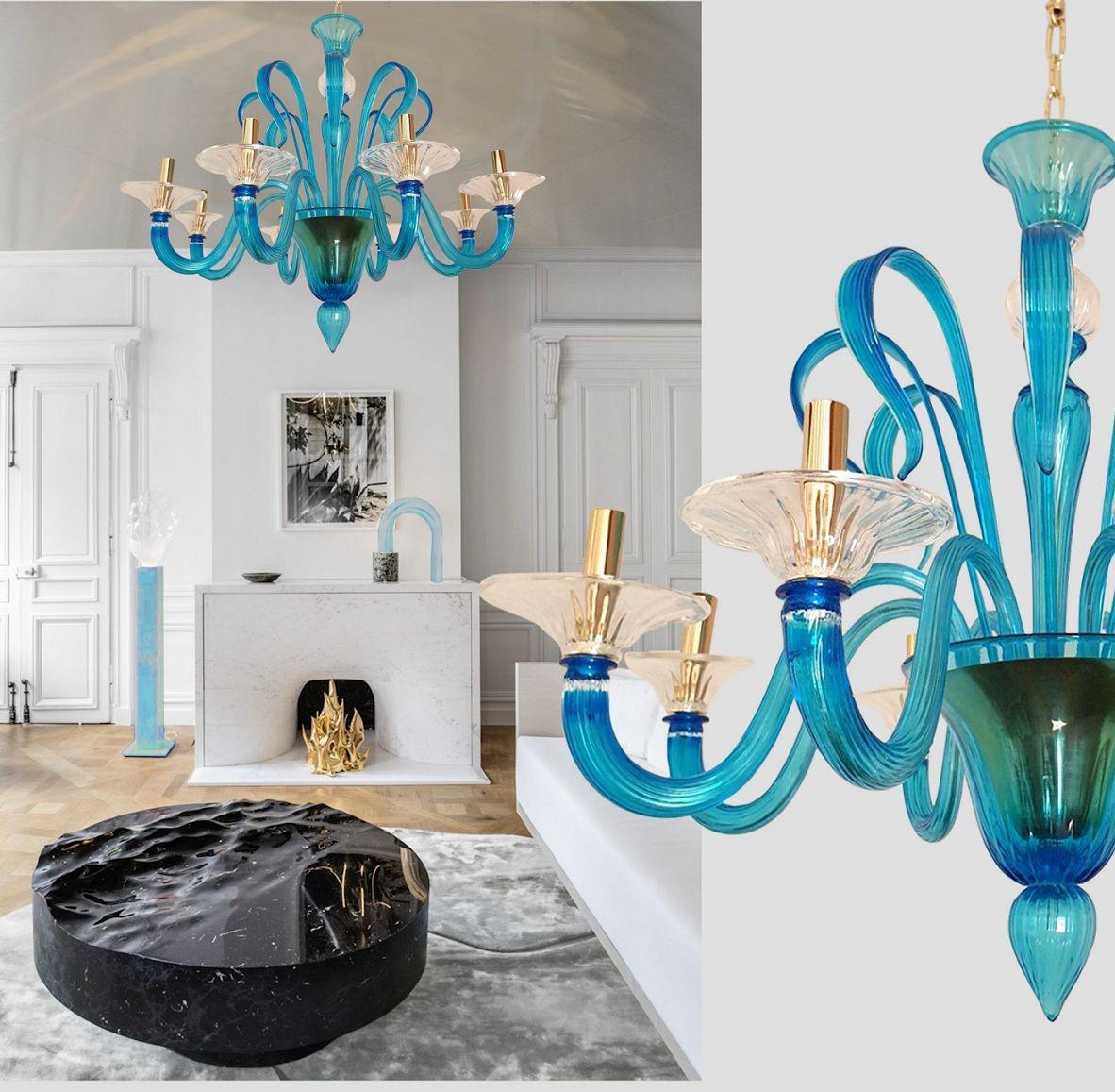 Mid-Century moderno Lampadario neoclassico in vetro di Murano blu in vendita