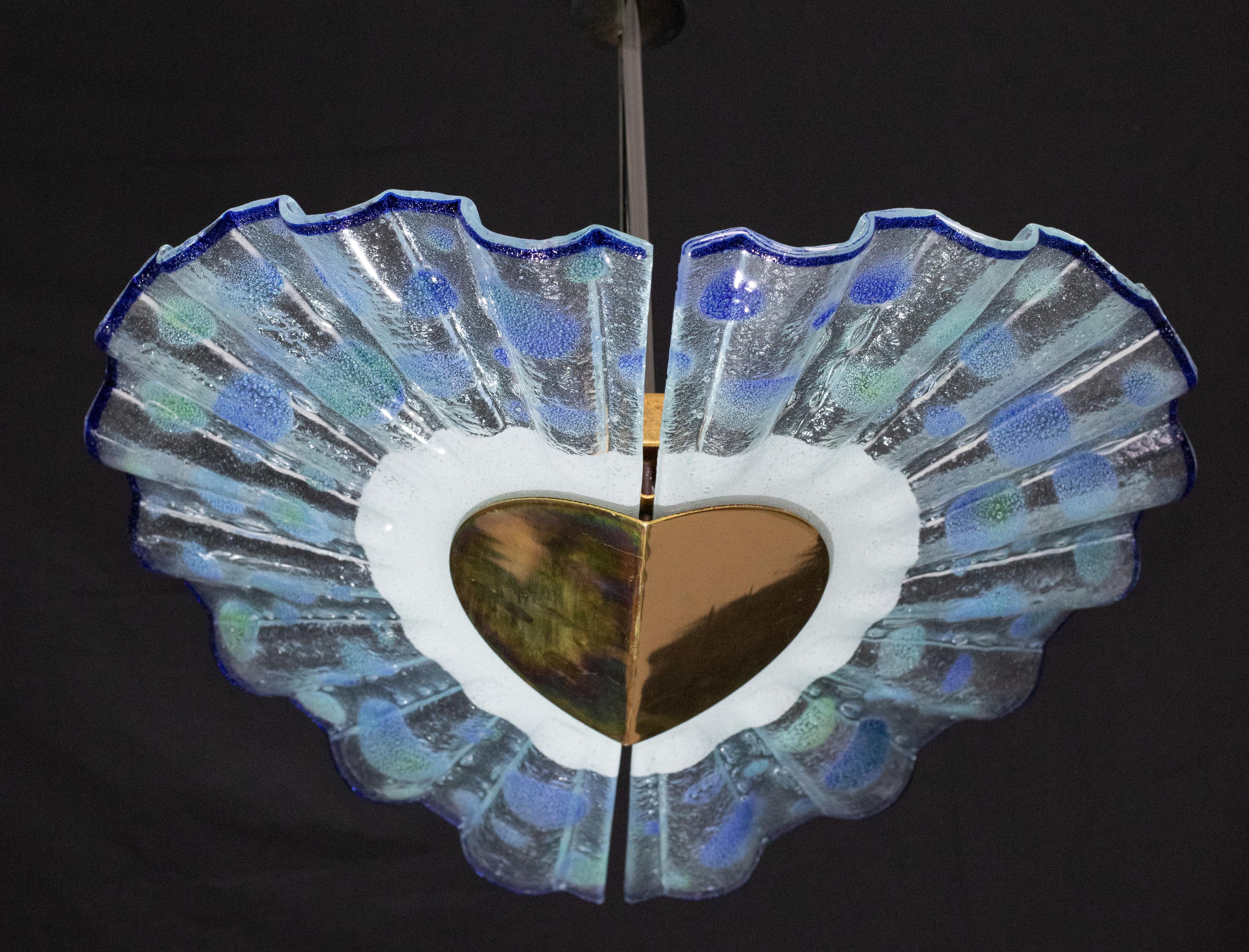 Late 20th Century Blue Murano glass pendant in the shape of a fan, 1970s For Sale