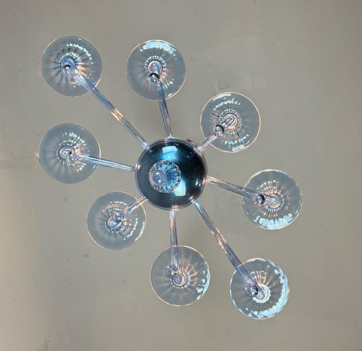 Art Déco Lampadario in vetro di Murano blu, 8 bracci luminosi in vendita