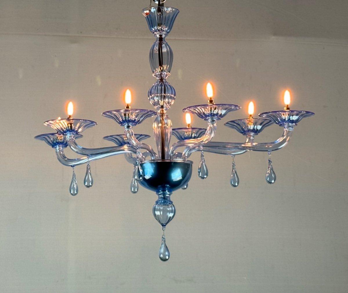 Italiano Lampadario in vetro di Murano blu, 8 bracci luminosi in vendita