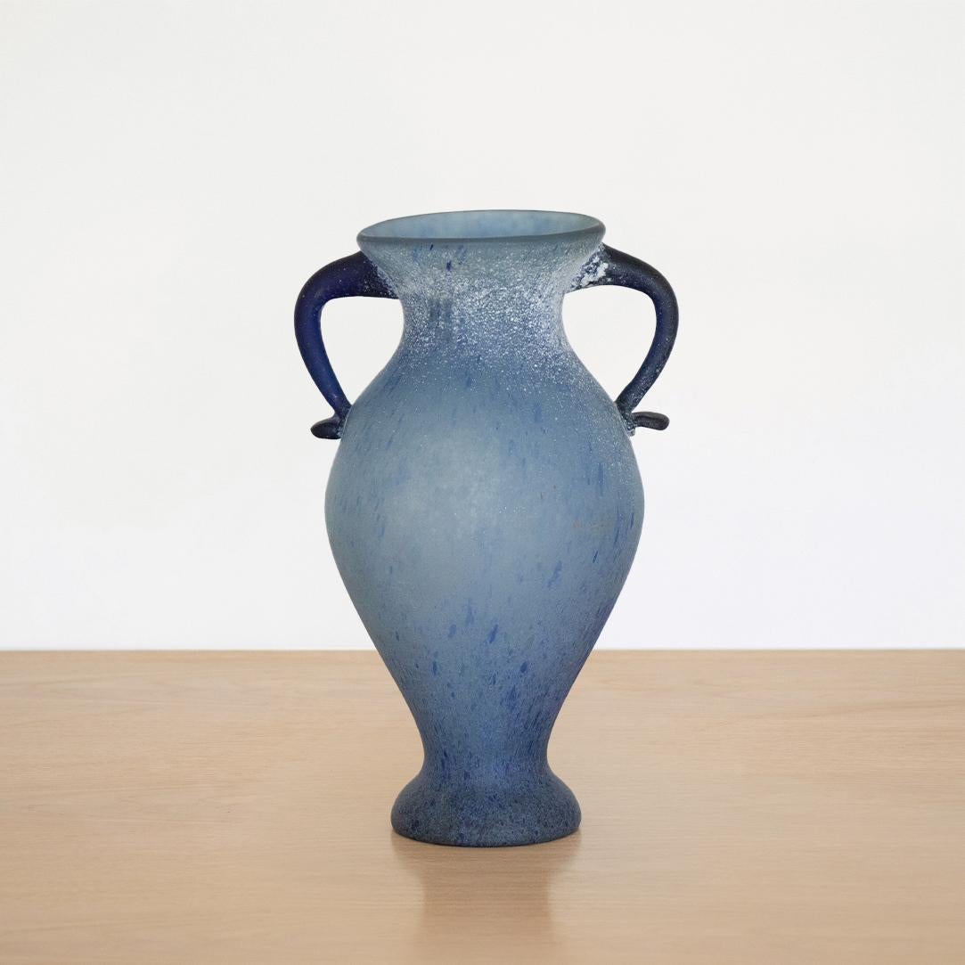 Beautiful vintage Italian Scavo vase made of frosted blue glass. Amphora shape with contrasting dark blue handles. Watertight.