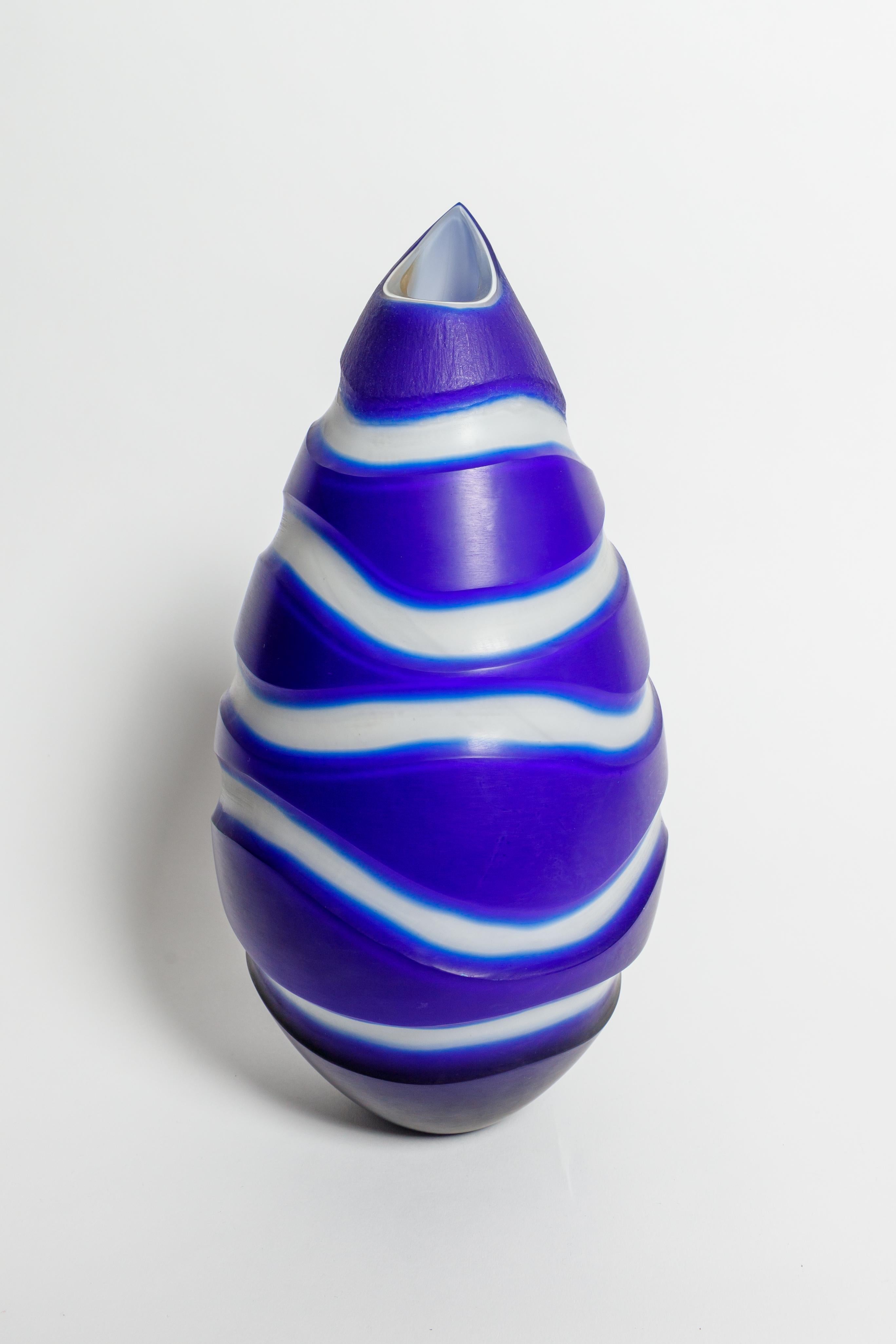 Blue murano tear drop vase with incised linear design, signed.