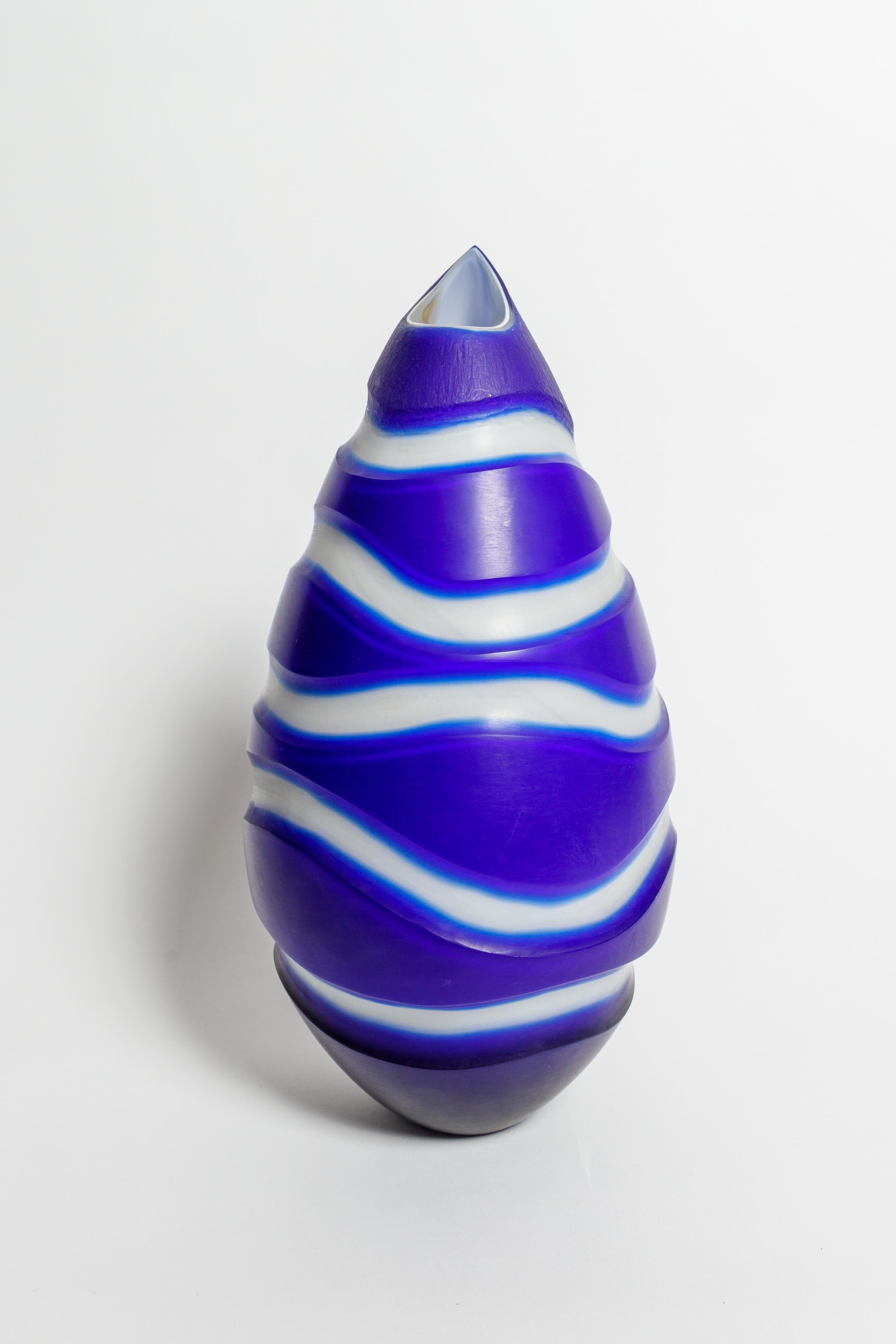 Mid-Century Modern Blue Murano Tear Drop Vase with Incised Linear Design, Signed