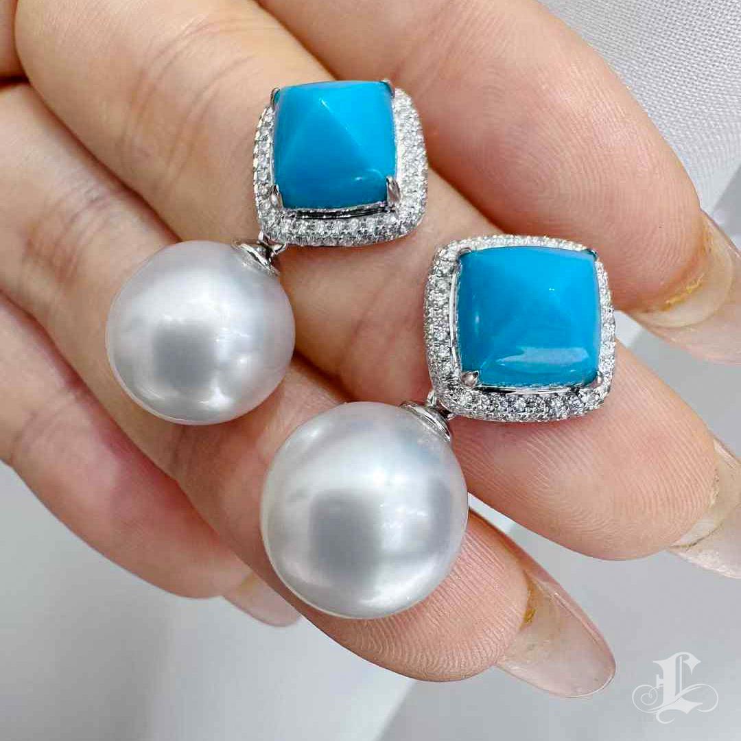 Caelmare】 Orecchini convertibili in turchese e perle dei mari del sud Blue Muse in vendita 1
