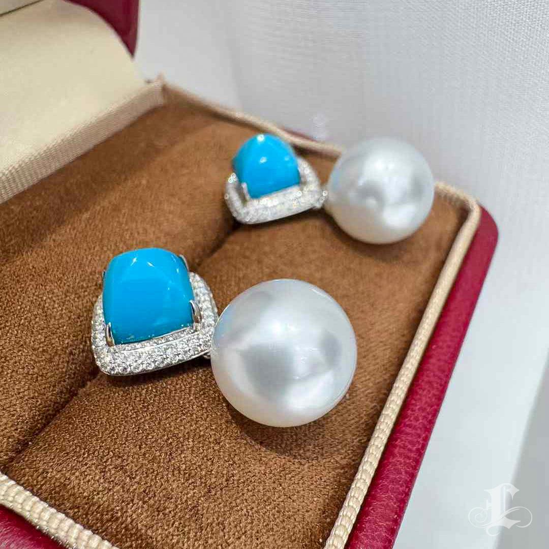 Caelmare】 Orecchini convertibili in turchese e perle dei mari del sud Blue Muse in vendita 3