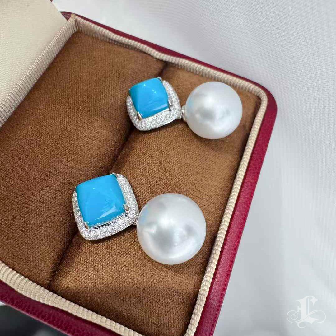 Caelmare】 Orecchini convertibili in turchese e perle dei mari del sud Blue Muse in vendita 4