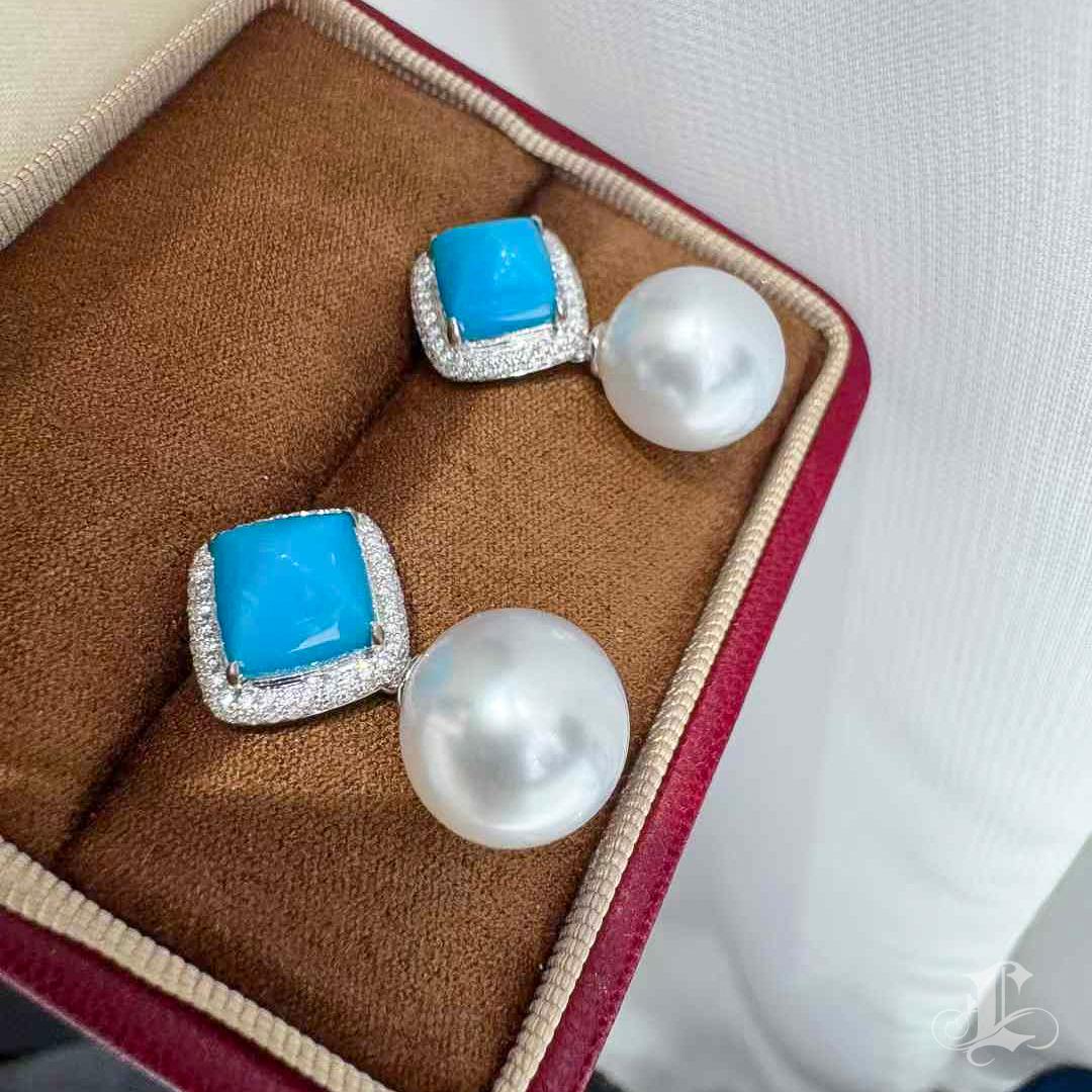 Caelmare】 Orecchini convertibili in turchese e perle dei mari del sud Blue Muse in vendita 5