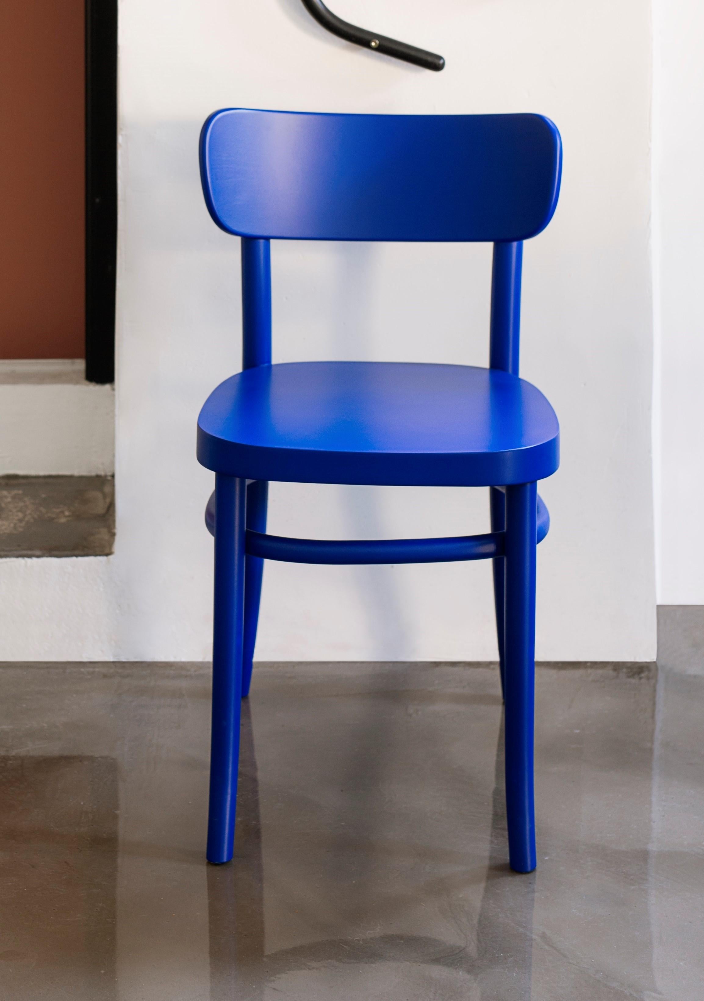 Blue MZO chair by Mazo Design
Dimensions: W 46 x D 50 x H 75 cm
Materials: Beech.

This iconic chair played a leading role in one of the fairy tales of Danish furniture design. However – more curiously – it is also on display at The Workers