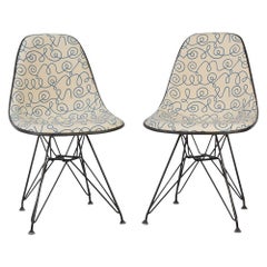 Blue Name, Pair ‘2’ Herman Miller Eames DSR Side Chairs with Alex Girard Fabric