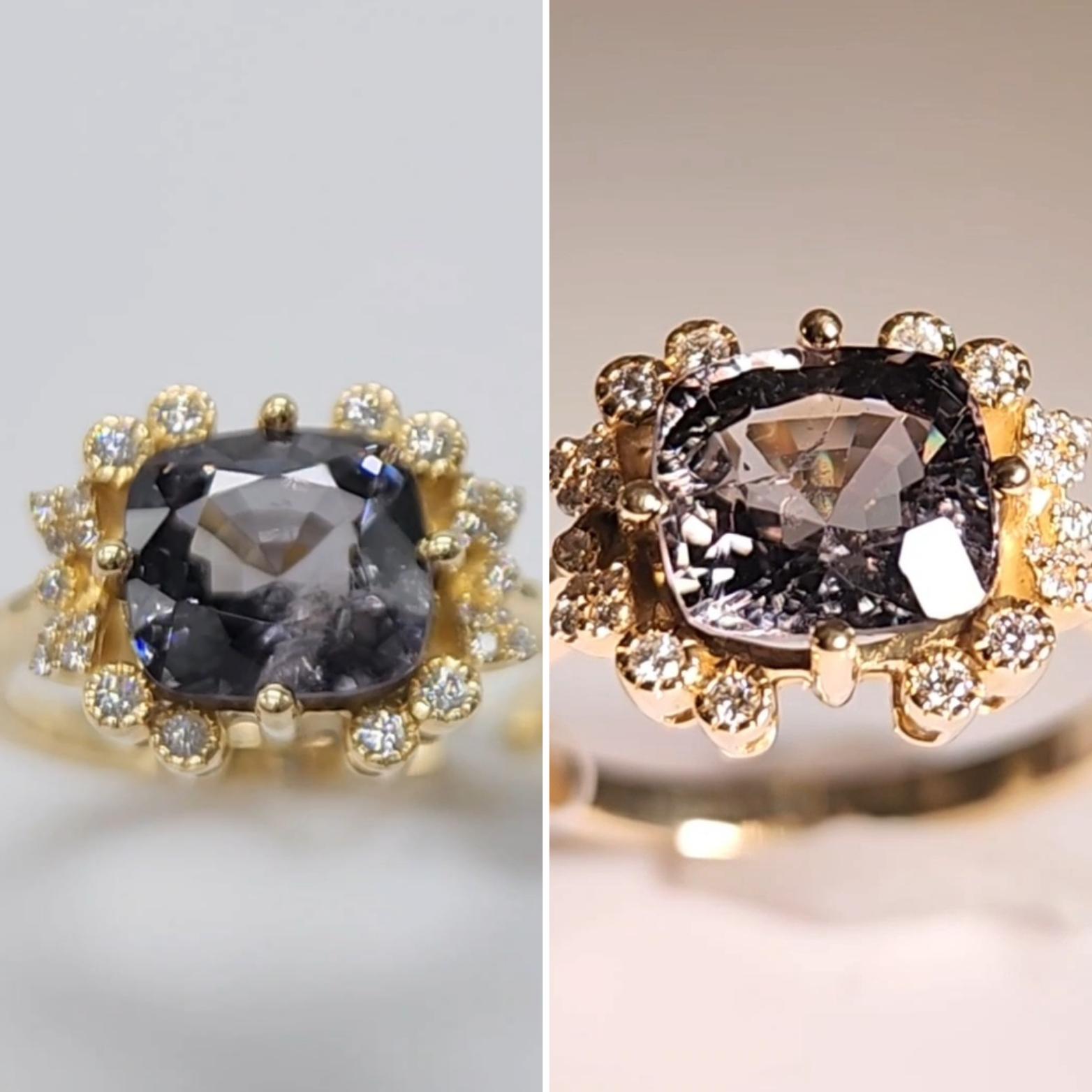 Brilliant center - Stone Blue Spinel Ring.
 Brilliant natural spinel's total 3.05 carat.
 Blueish cushion shape Spinel eye clean.
in yellow light spinel change from blue to purple color.
14k yellow Gold  3.81 grams, 
Total diamonds 0.15 carat EF-VVS