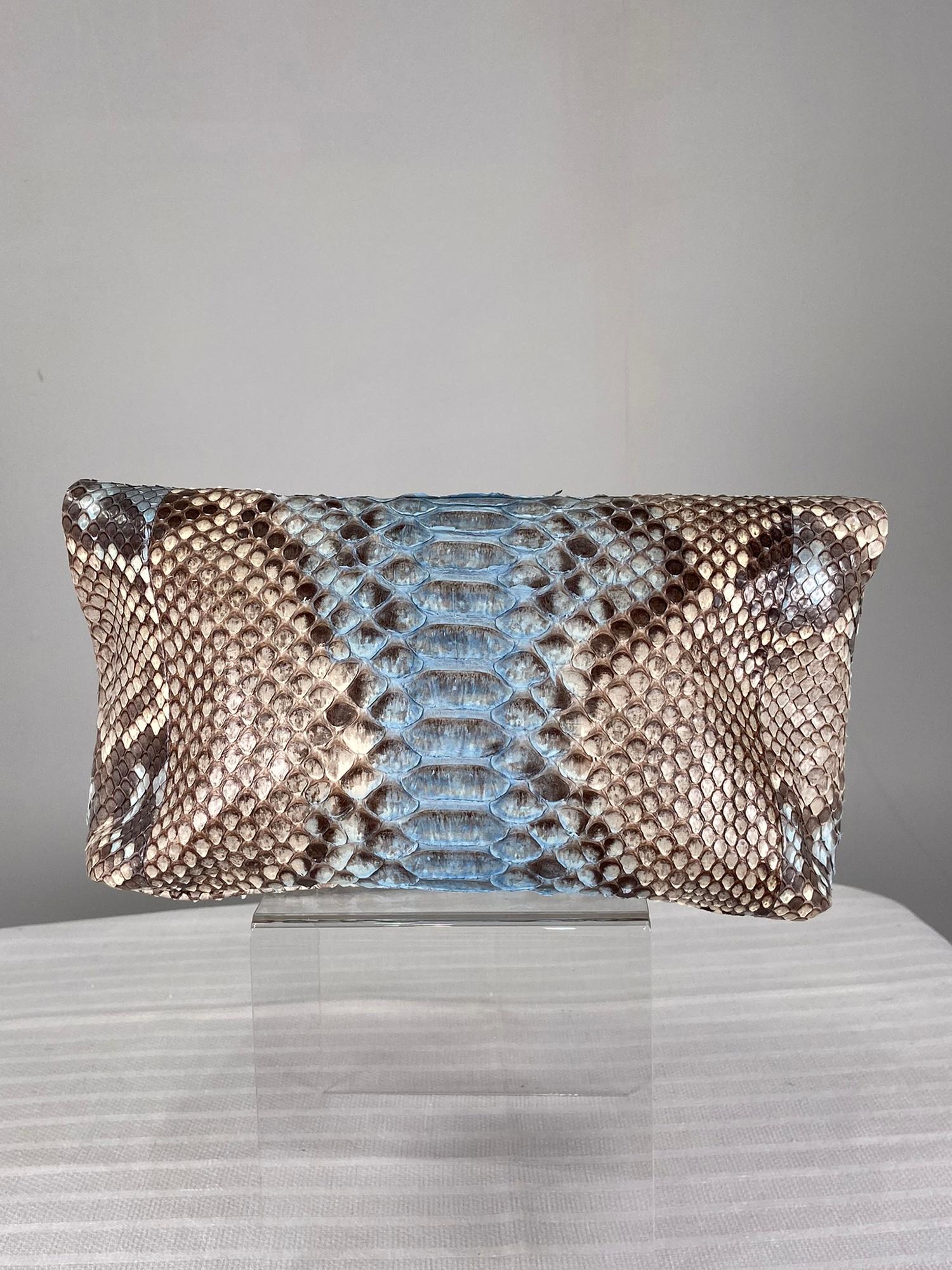 Blue & natural snakeskin fold over clutch handbag from Laurent Effel St Barth, made in Italy. Great casual bag, lined in light taupe suede. Closes with hidden magnetic snap. Perfect grab and go day bag. In excellent barely used condition.