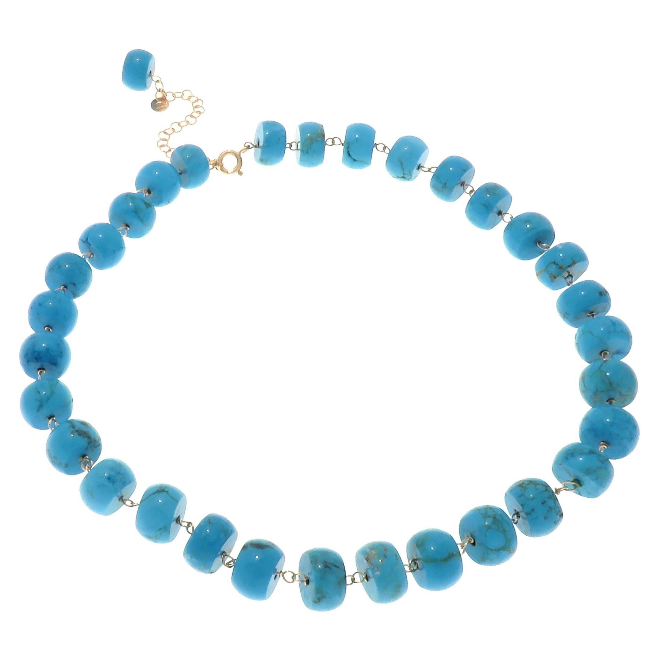 Blue Natural Turquoise 9 Karat Rose Gold Necklace Handcrafted in Italy For Sale