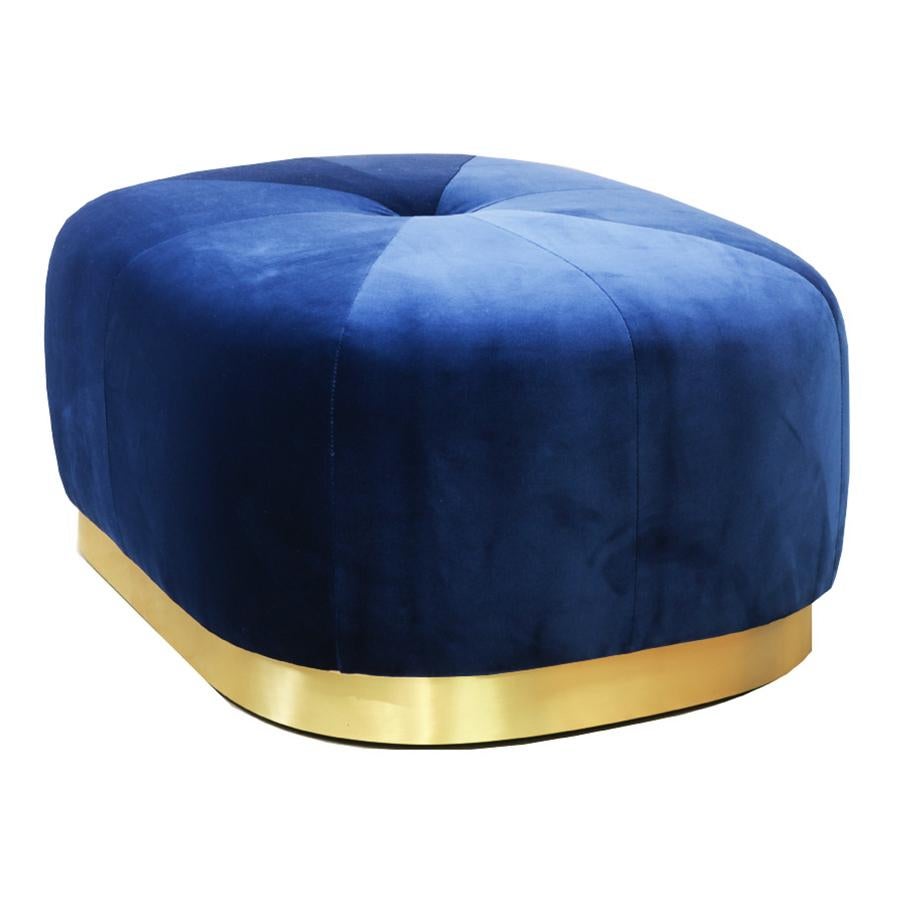 European Midcentury Modern Navy Velvet and Brass Majestic Pouf Handcrafted and Custom For Sale