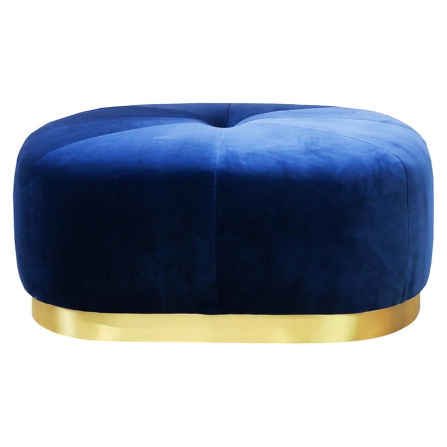 Midcentury Modern Navy Velvet and Brass Majestic Pouf Handcrafted and Custom For Sale