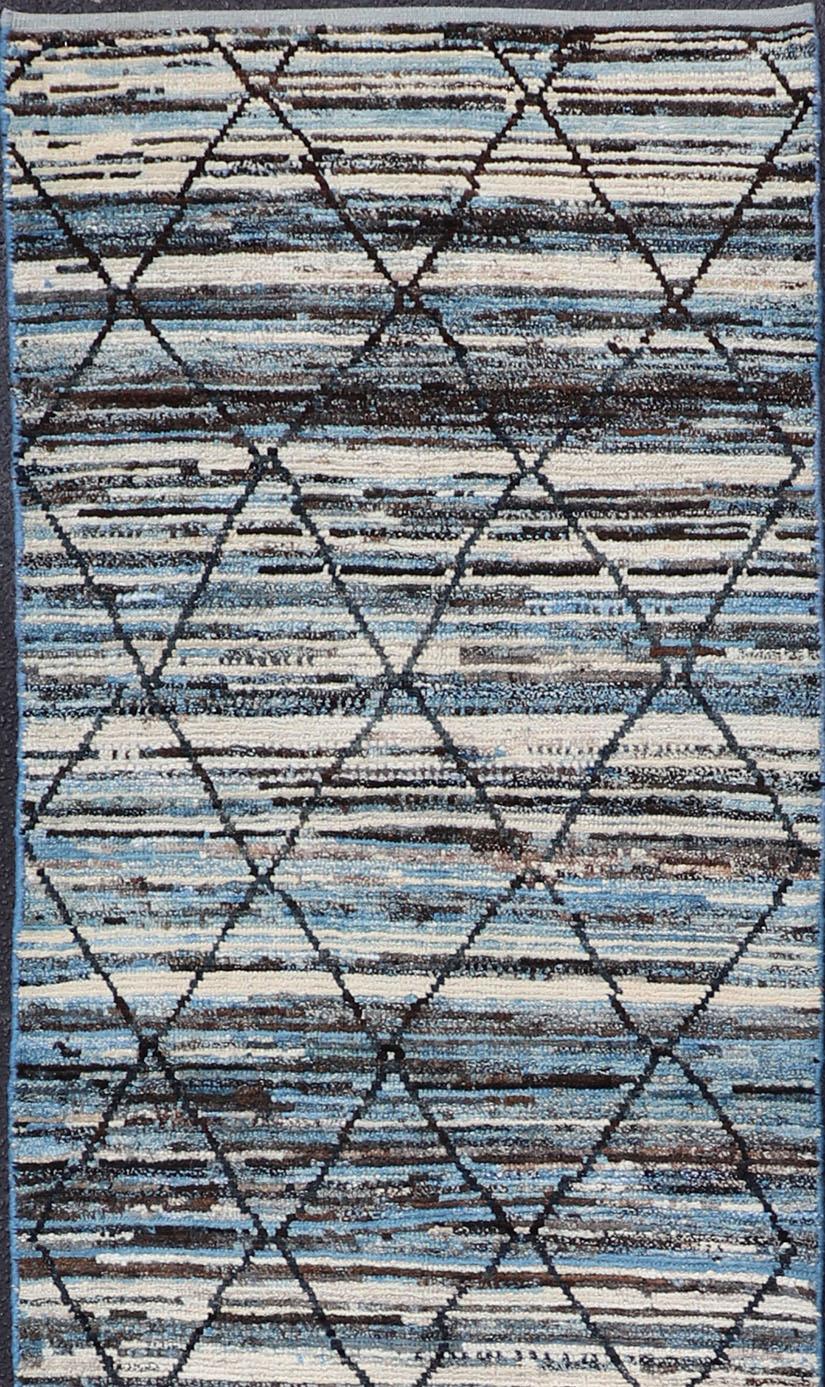Modern and casual runner rug. Neutrals, charcoal, gray, blue and brown diamond Afghan Modern Geometric design. Rug AFG-32075, country of origin / type: Afghanistan / Piled

The unique design of this groovy runner makes it perfect for modern and