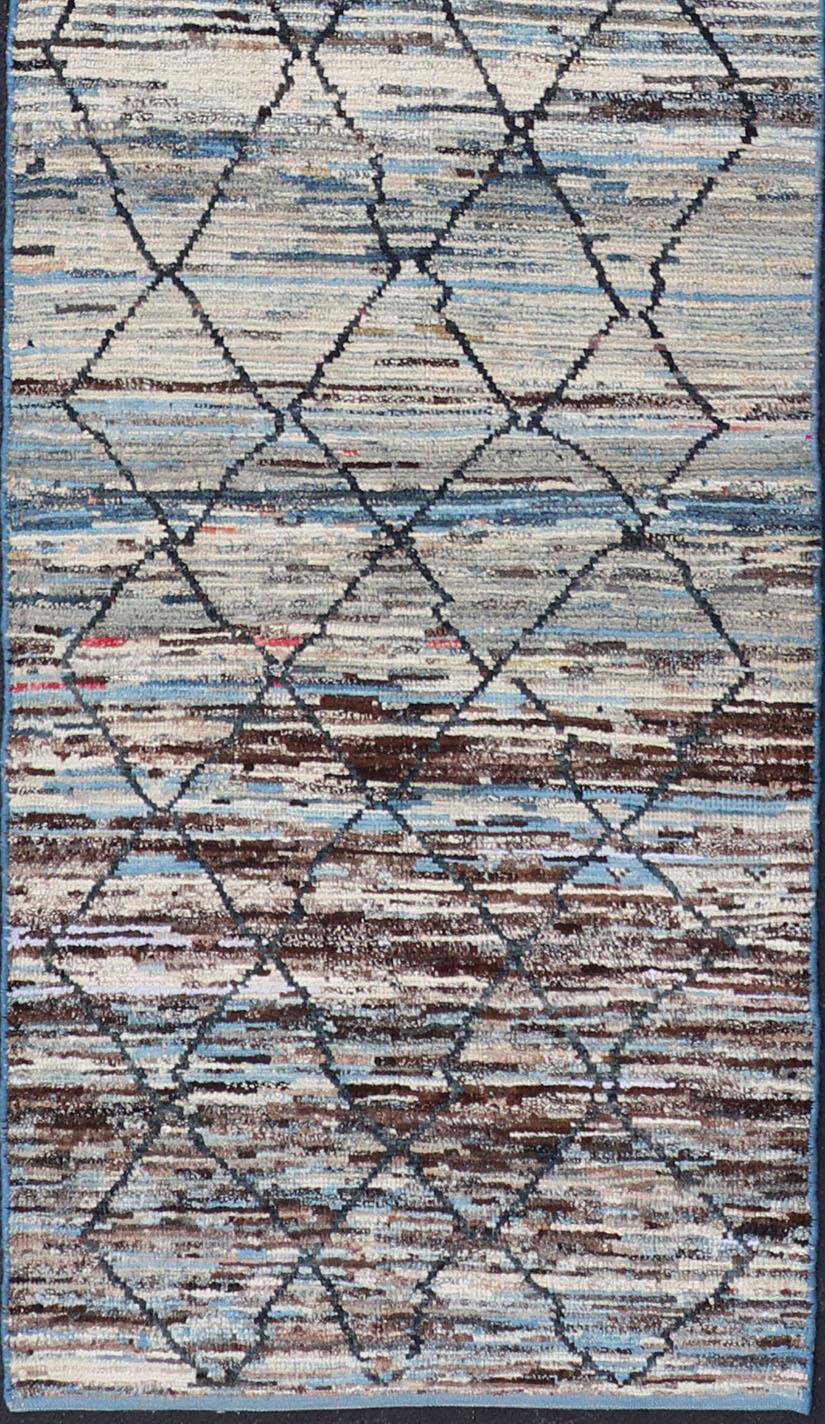 Hand-Knotted Blue, Neutrals, Charcoal, Gray and Brown Diamond Afghan Modern Geometric Design For Sale
