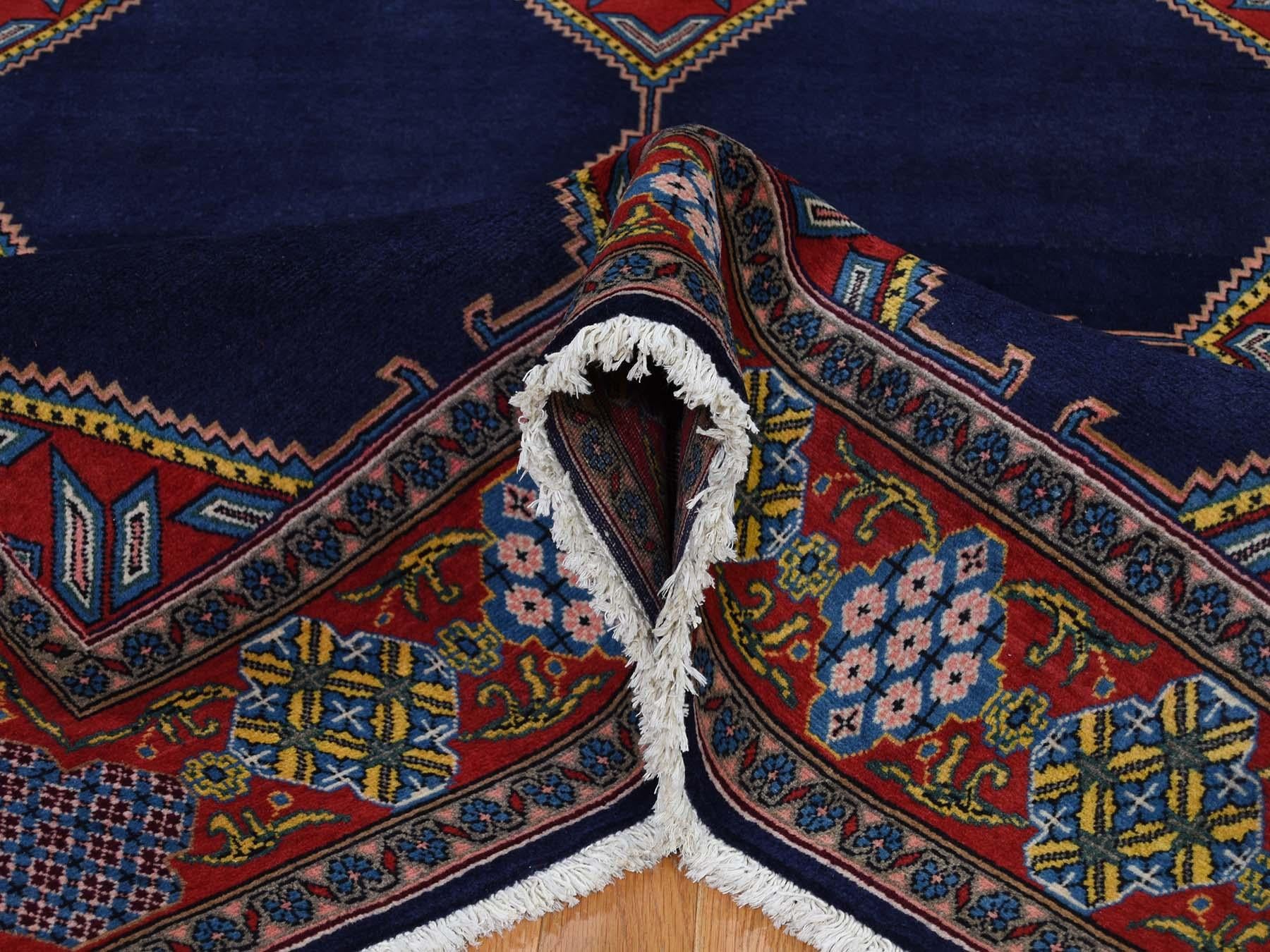 Mid-20th Century Blue Persian Hamadan Open Field Geometric Hand Knotted Oriental Rug